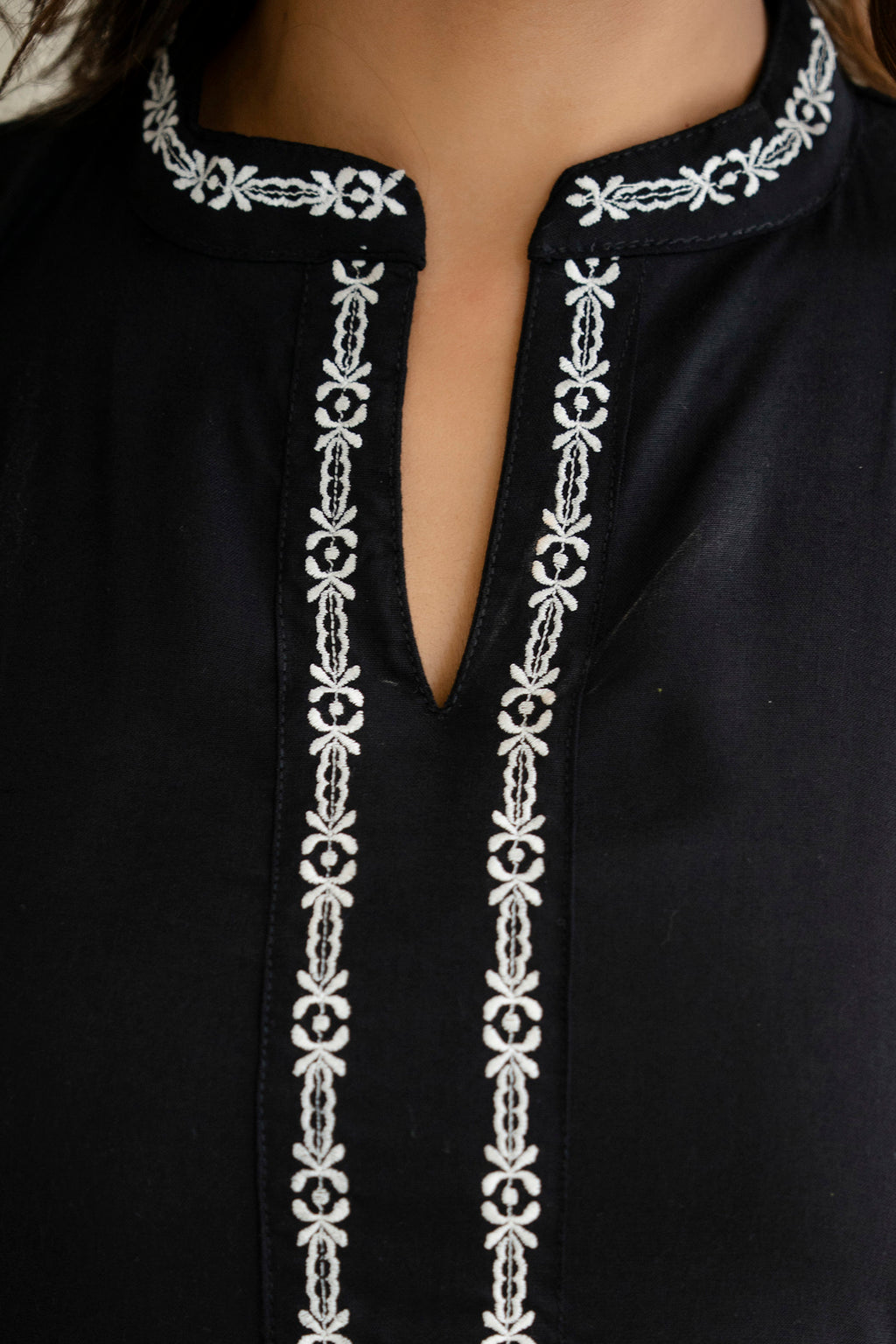 Embroidered Mandarin Collar A-Line Midi Dress