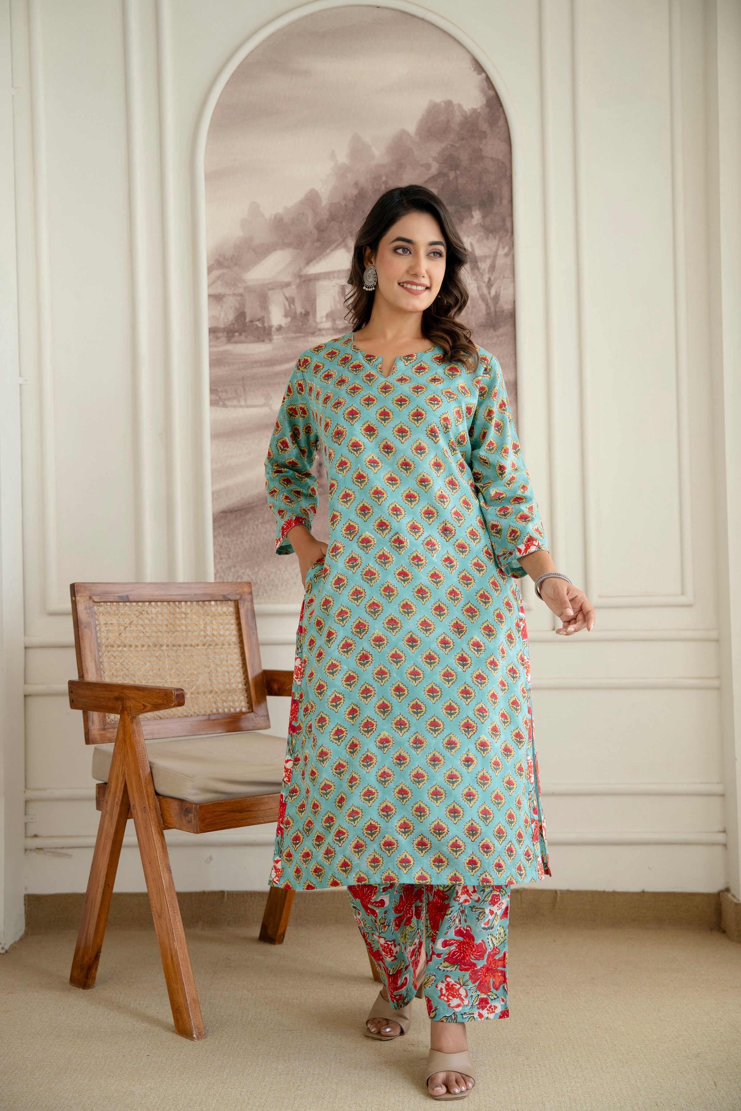 Ocean Breeze Hand-Block Printed Pure Cotton Kurta Set