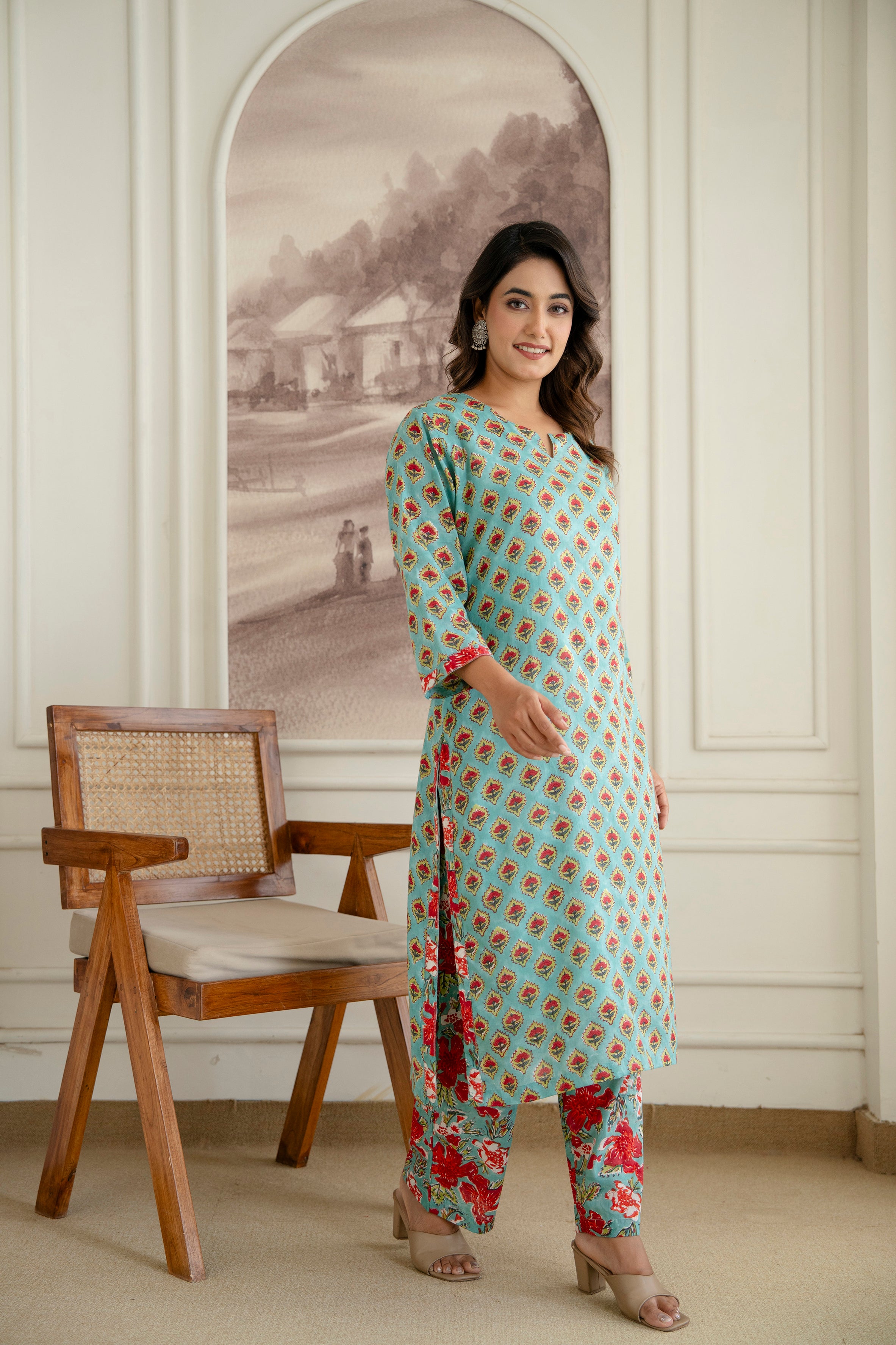 Ocean Breeze Hand-Block Printed Pure Cotton Kurta Set