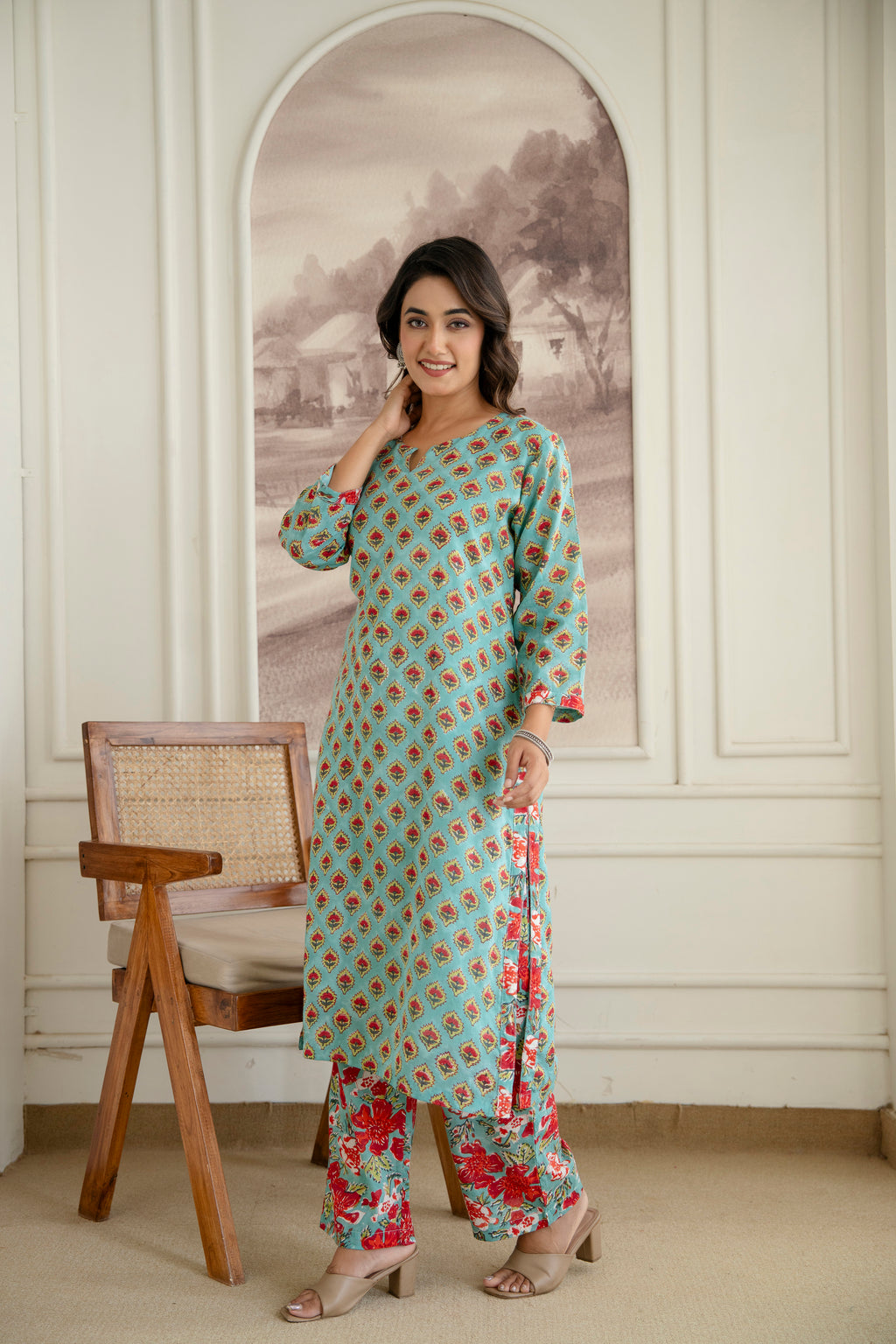 Ocean Breeze Hand-Block Printed Pure Cotton Kurta Set