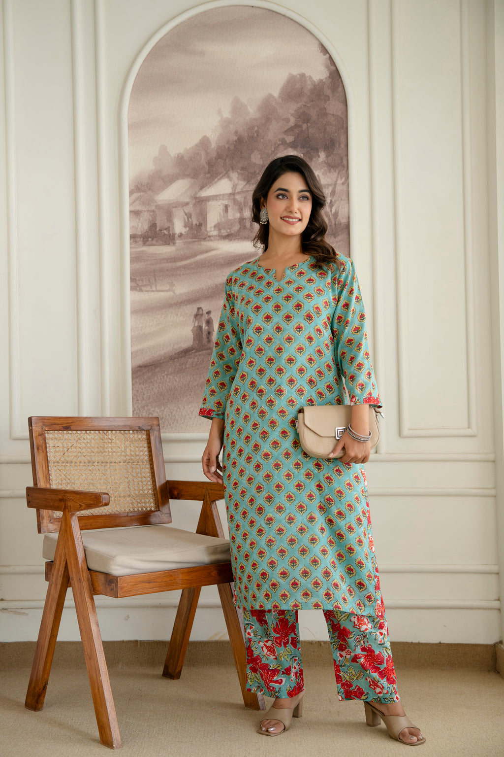 Ocean Breeze Hand-Block Printed Pure Cotton Kurta Set
