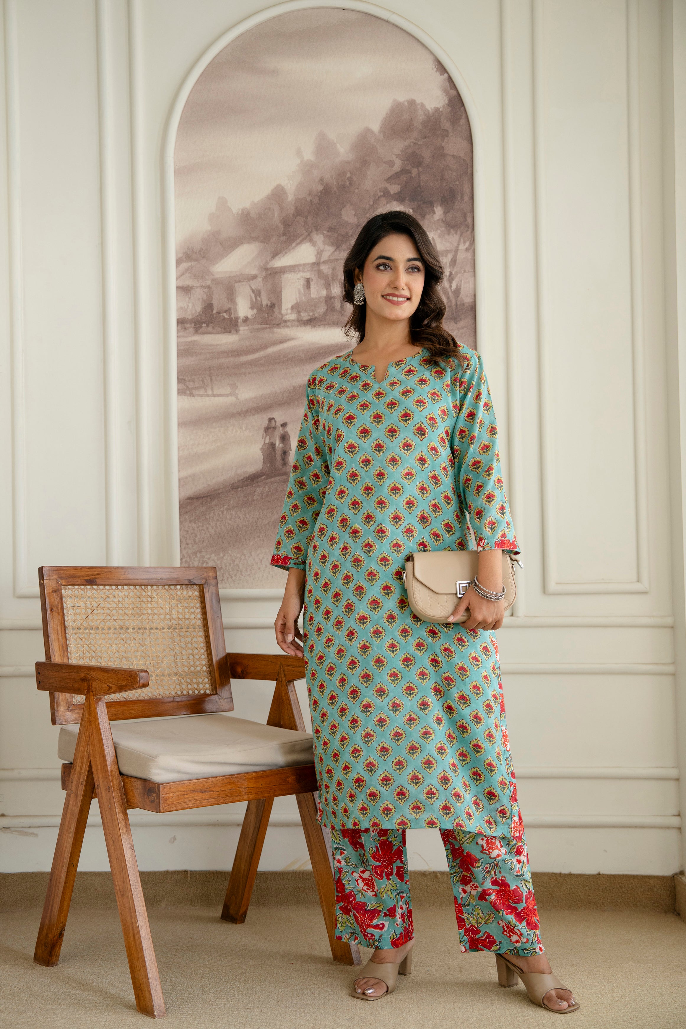 Ocean Breeze Hand-Block Printed Pure Cotton Kurta Set