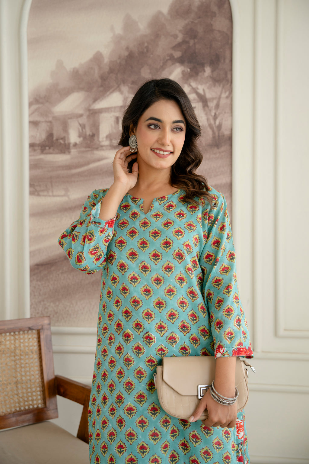 Ocean Breeze Hand-Block Printed Pure Cotton Kurta Set