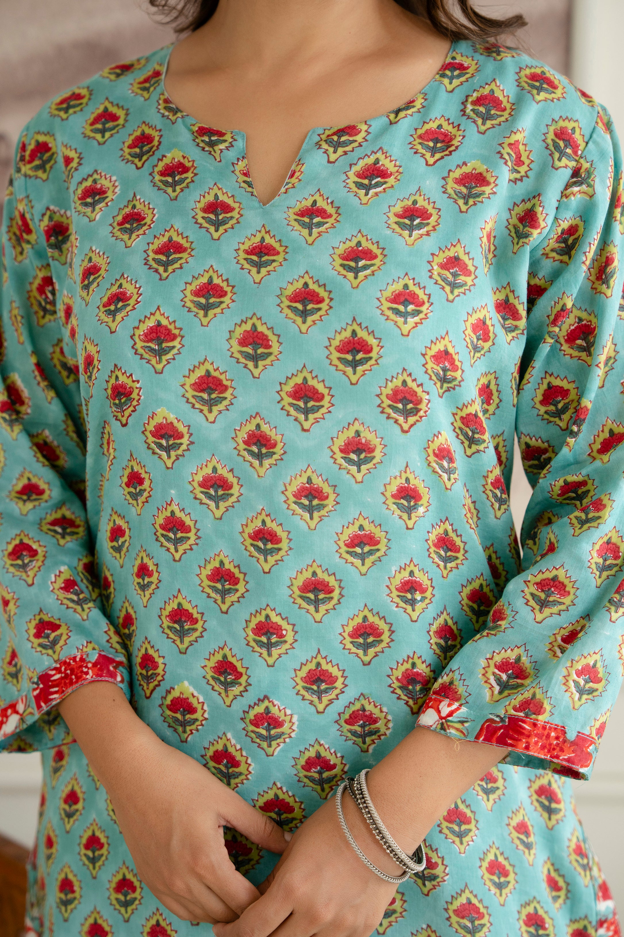 Ocean Breeze Hand-Block Printed Pure Cotton Kurta Set