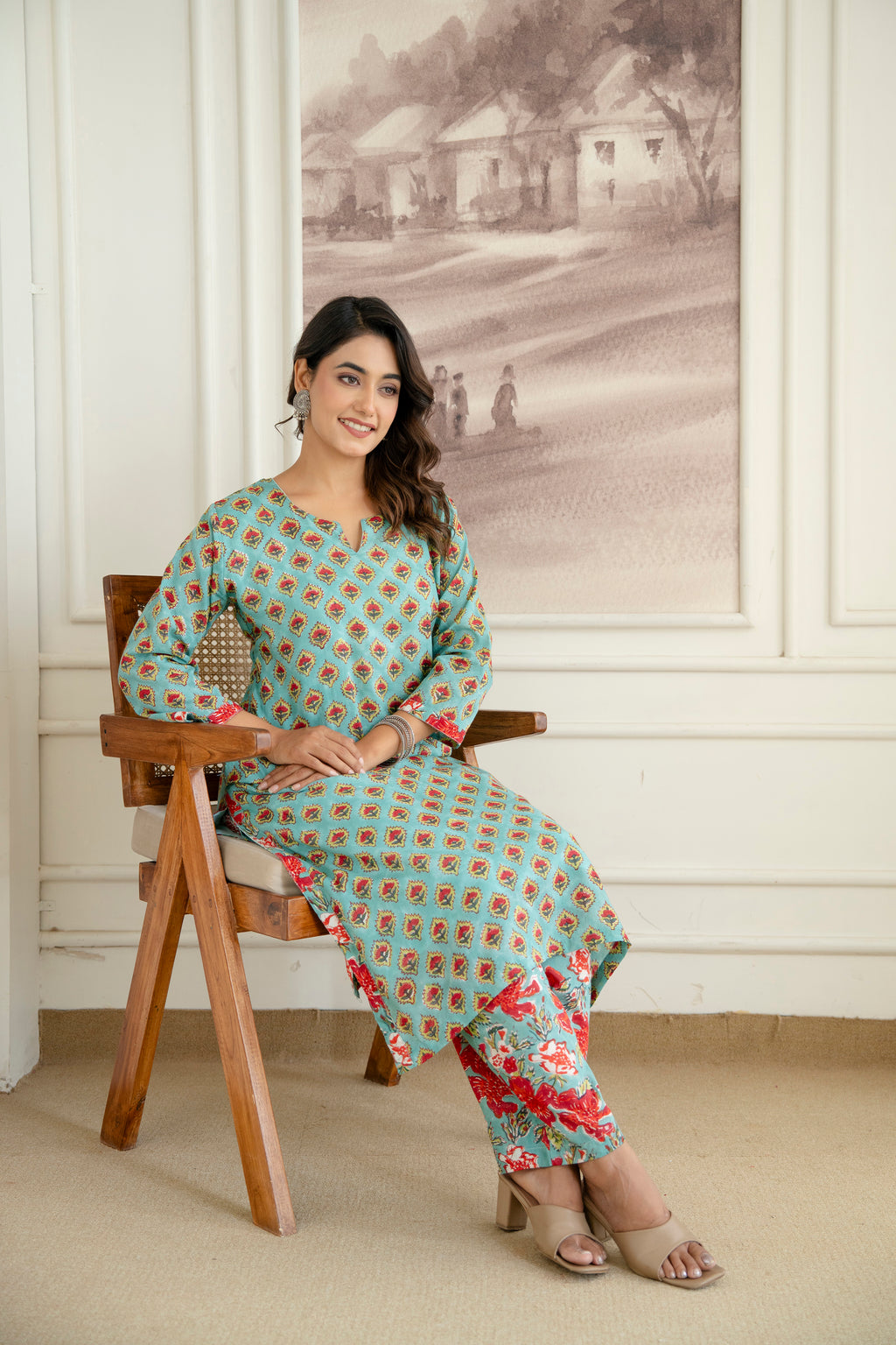 Ocean Breeze Hand-Block Printed Pure Cotton Kurta Set