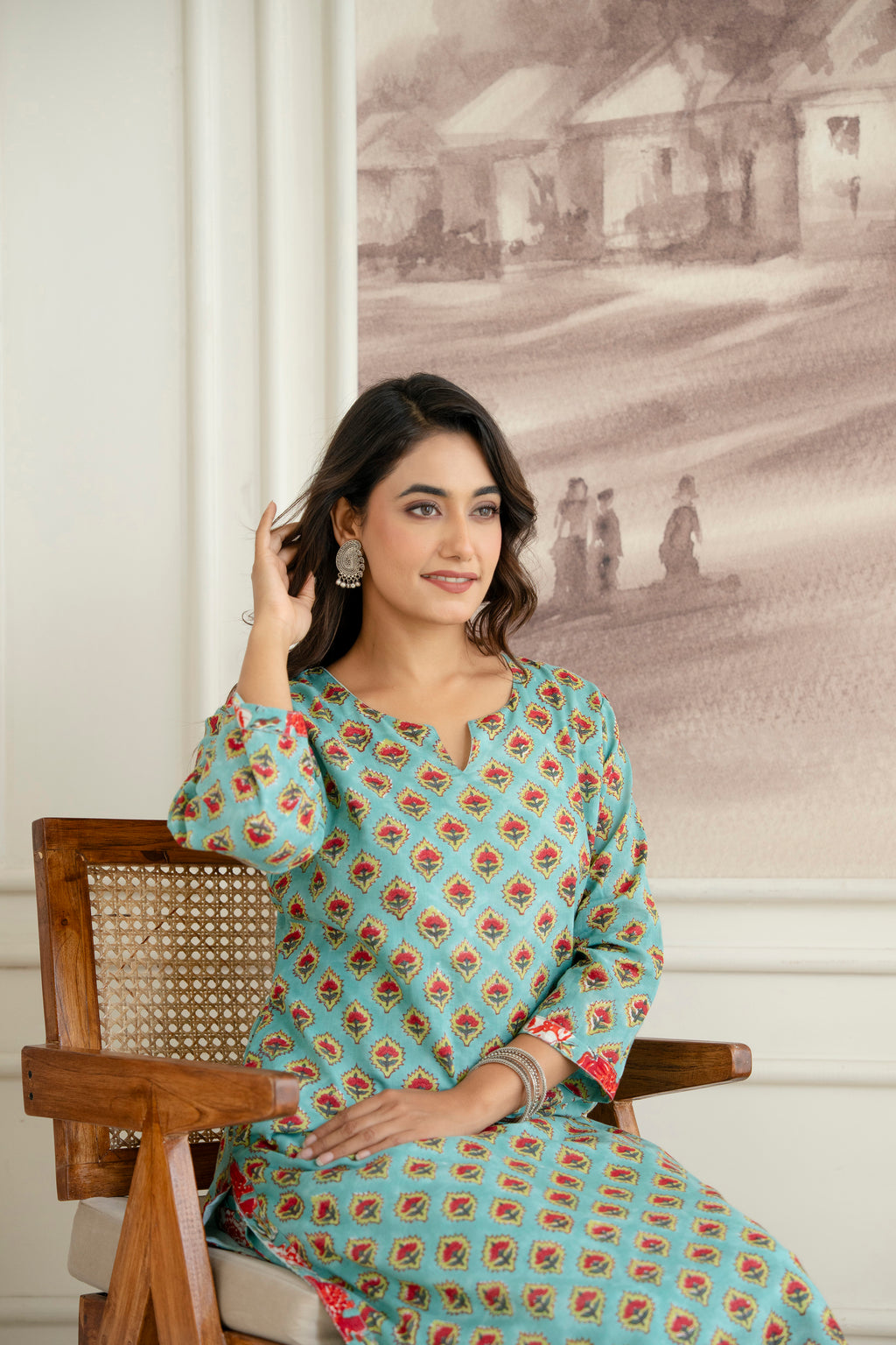 Ocean Breeze Hand-Block Printed Pure Cotton Kurta Set