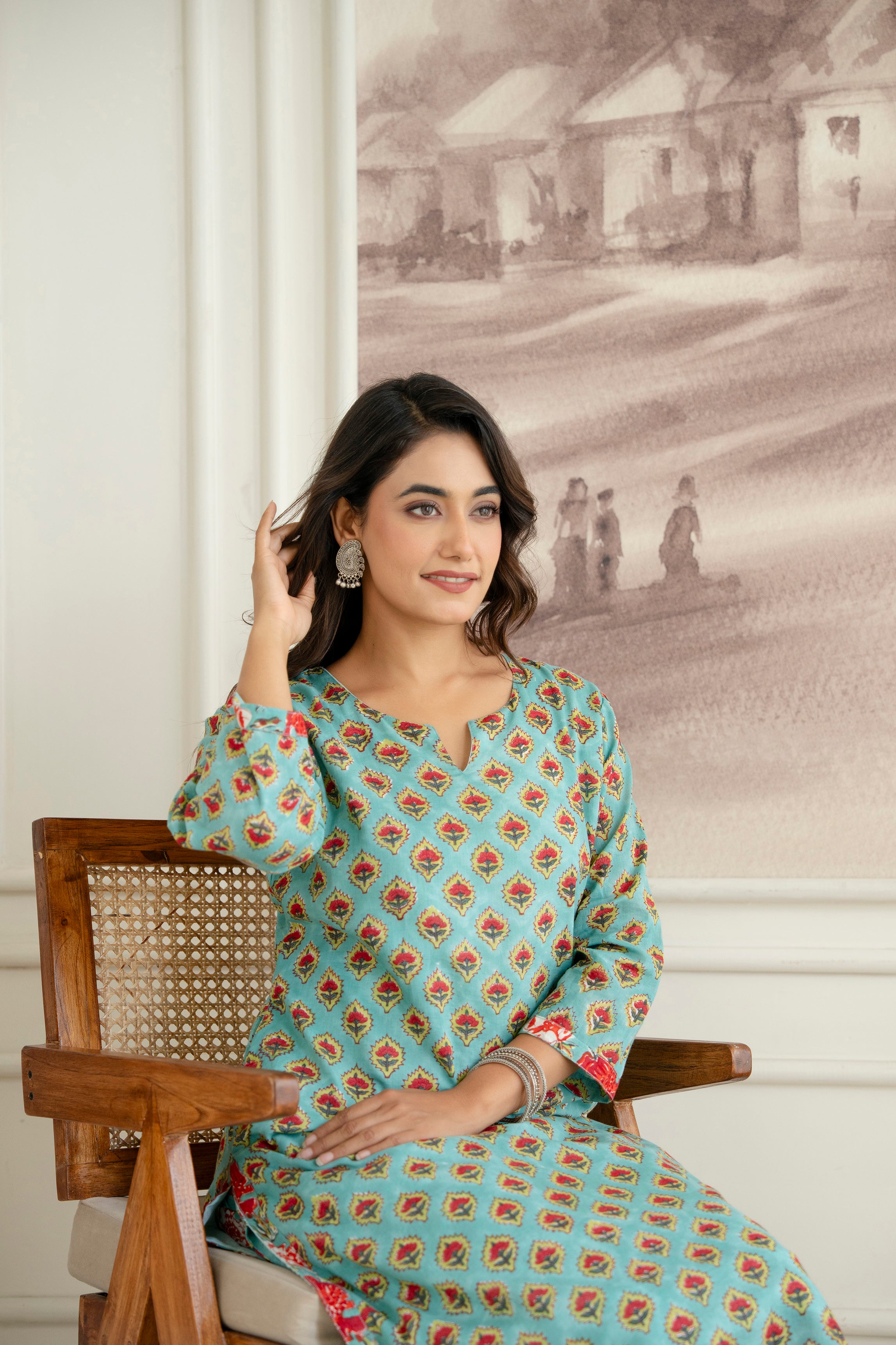 Ocean Breeze Hand-Block Printed Pure Cotton Kurta Set