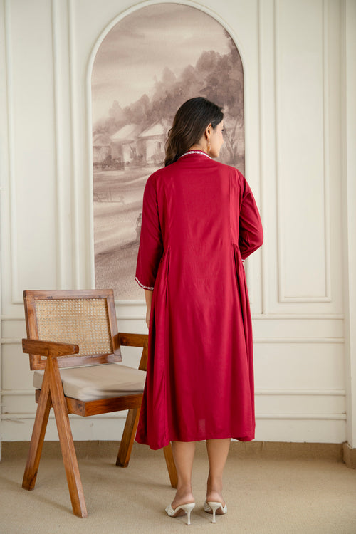 Embroidered Mandarin Collar A-Line Midi Dress — Design 4