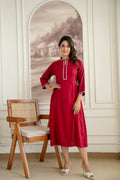 Embroidered Mandarin Collar A-Line Midi Dress