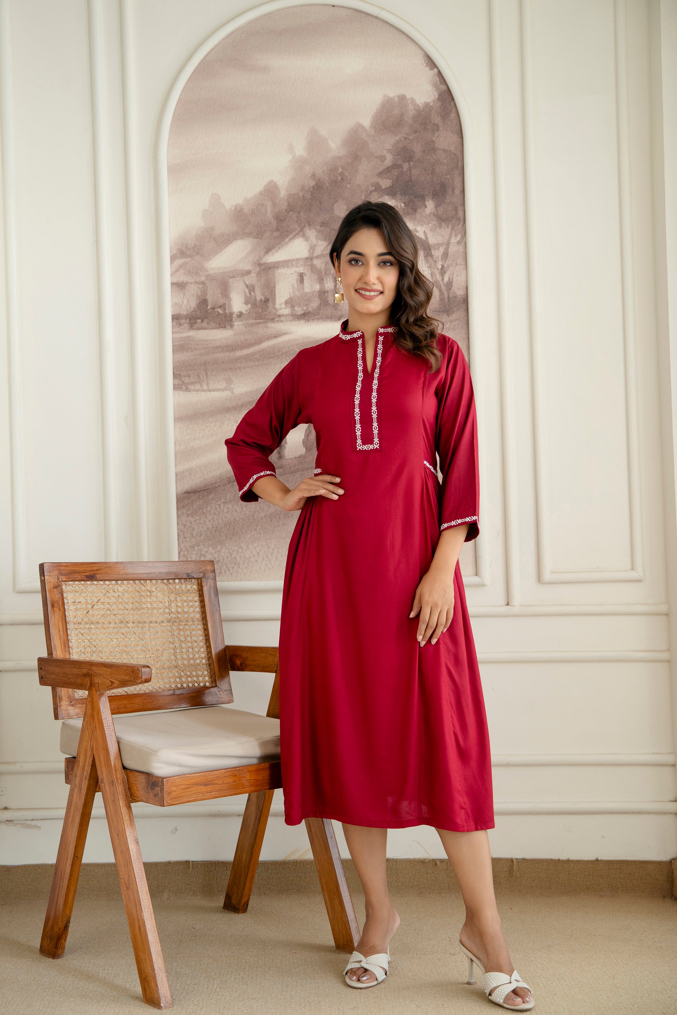 Embroidered Mandarin Collar A-Line Midi Dress