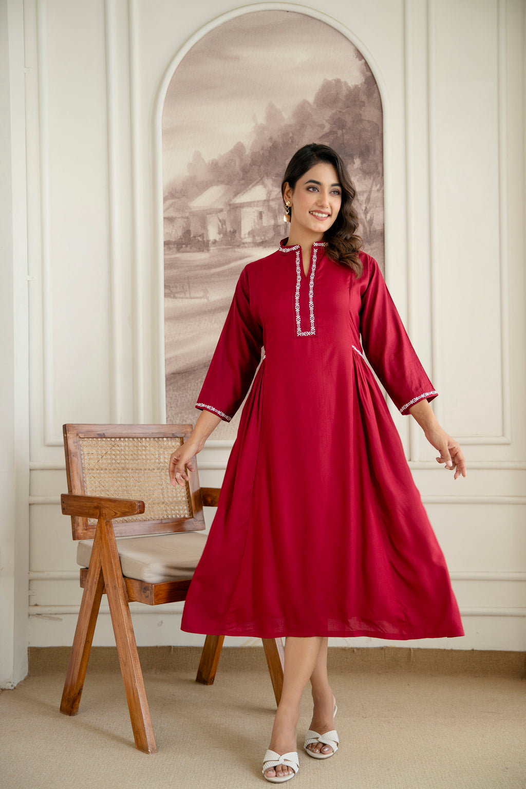 Embroidered Mandarin Collar A-Line Midi Dress