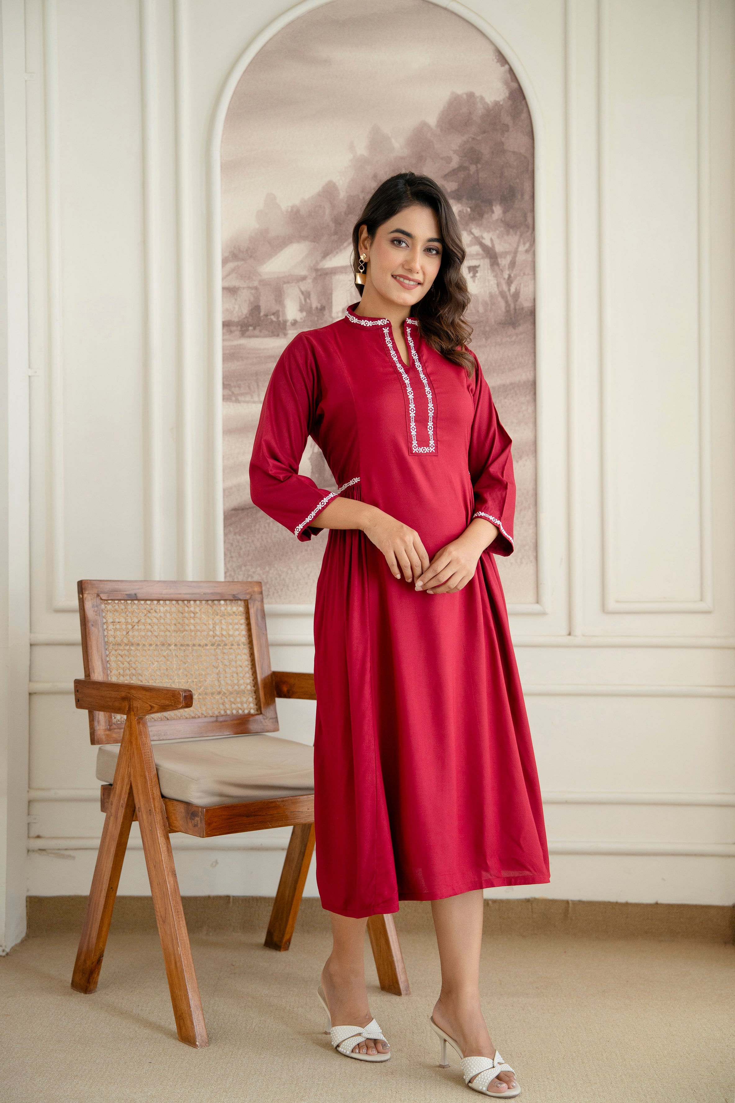 Embroidered Mandarin Collar A-Line Midi Dress