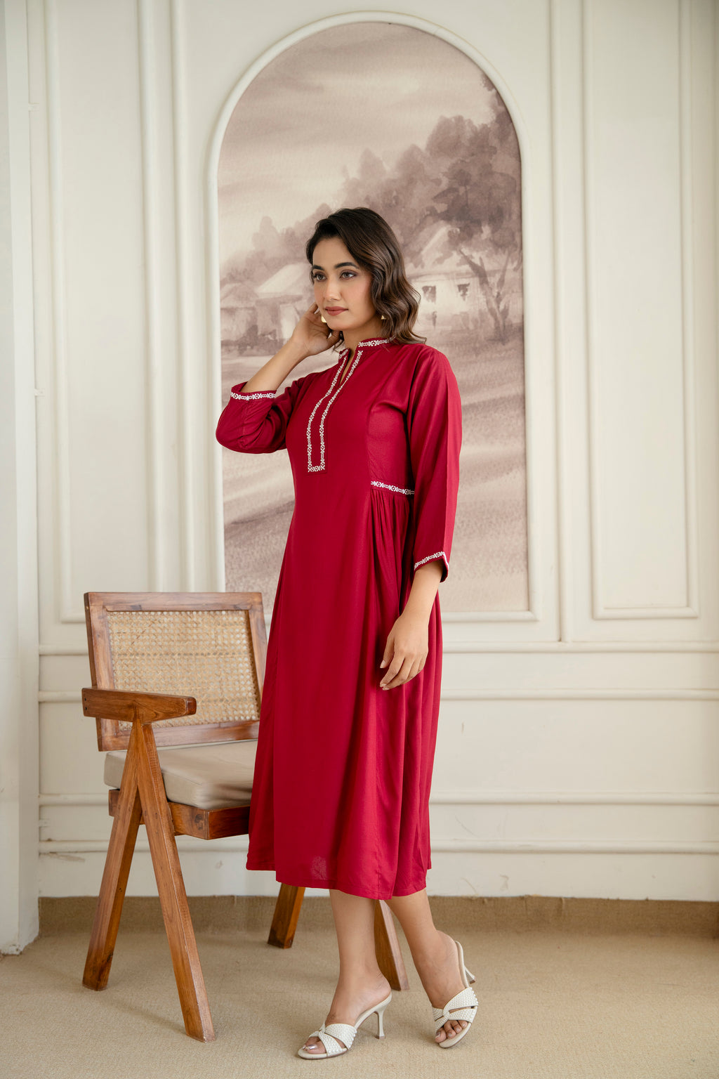 Embroidered Mandarin Collar A-Line Midi Dress