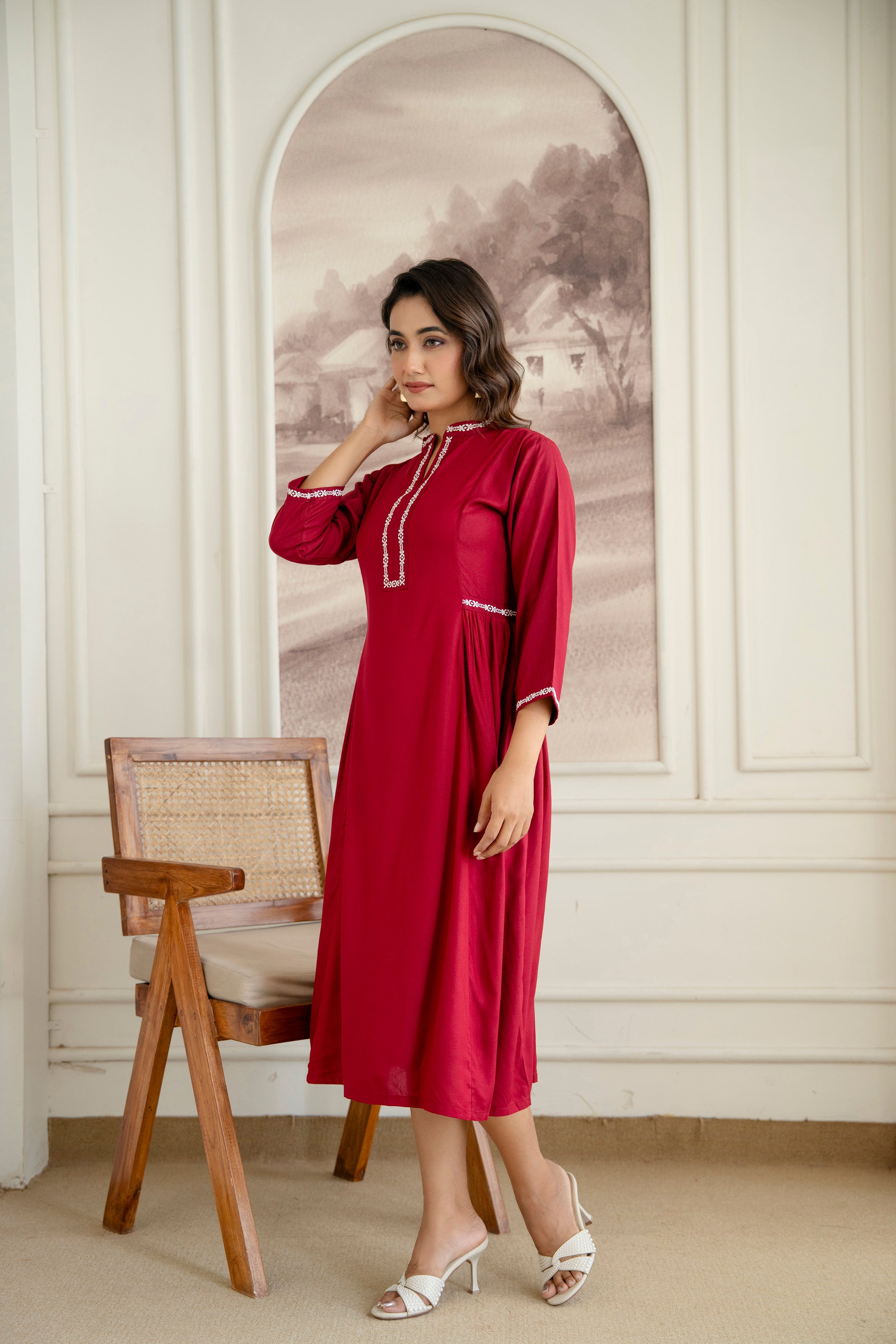 Embroidered Mandarin Collar A-Line Midi Dress