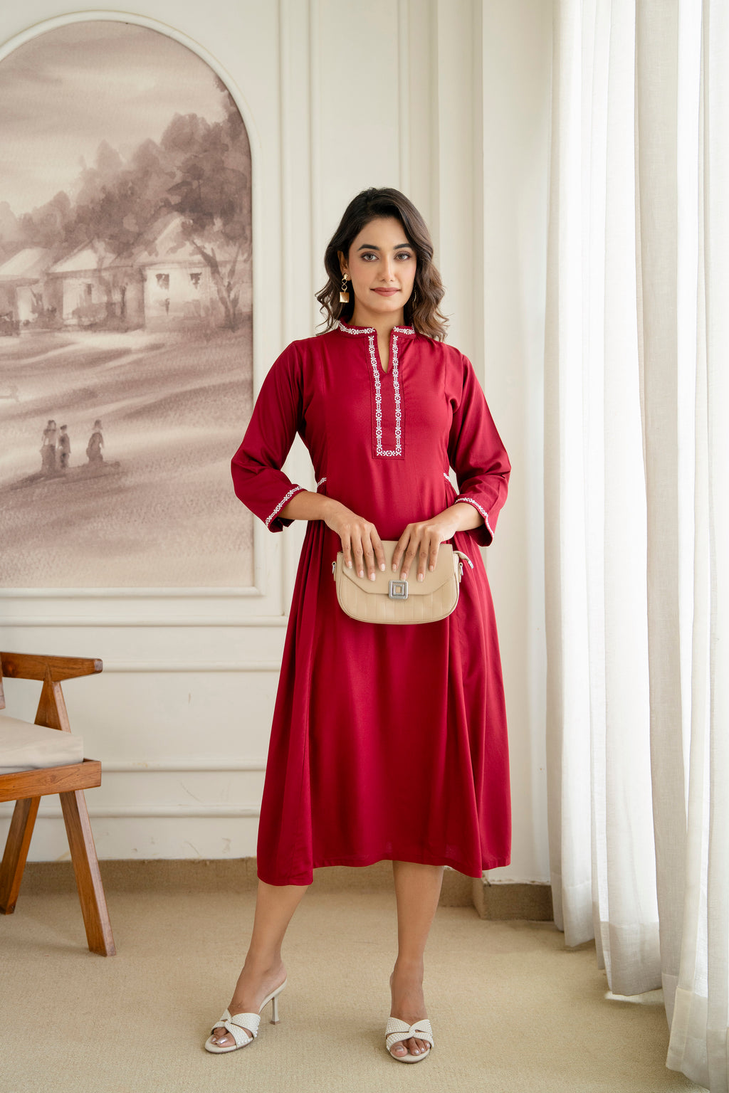 Embroidered Mandarin Collar A-Line Midi Dress