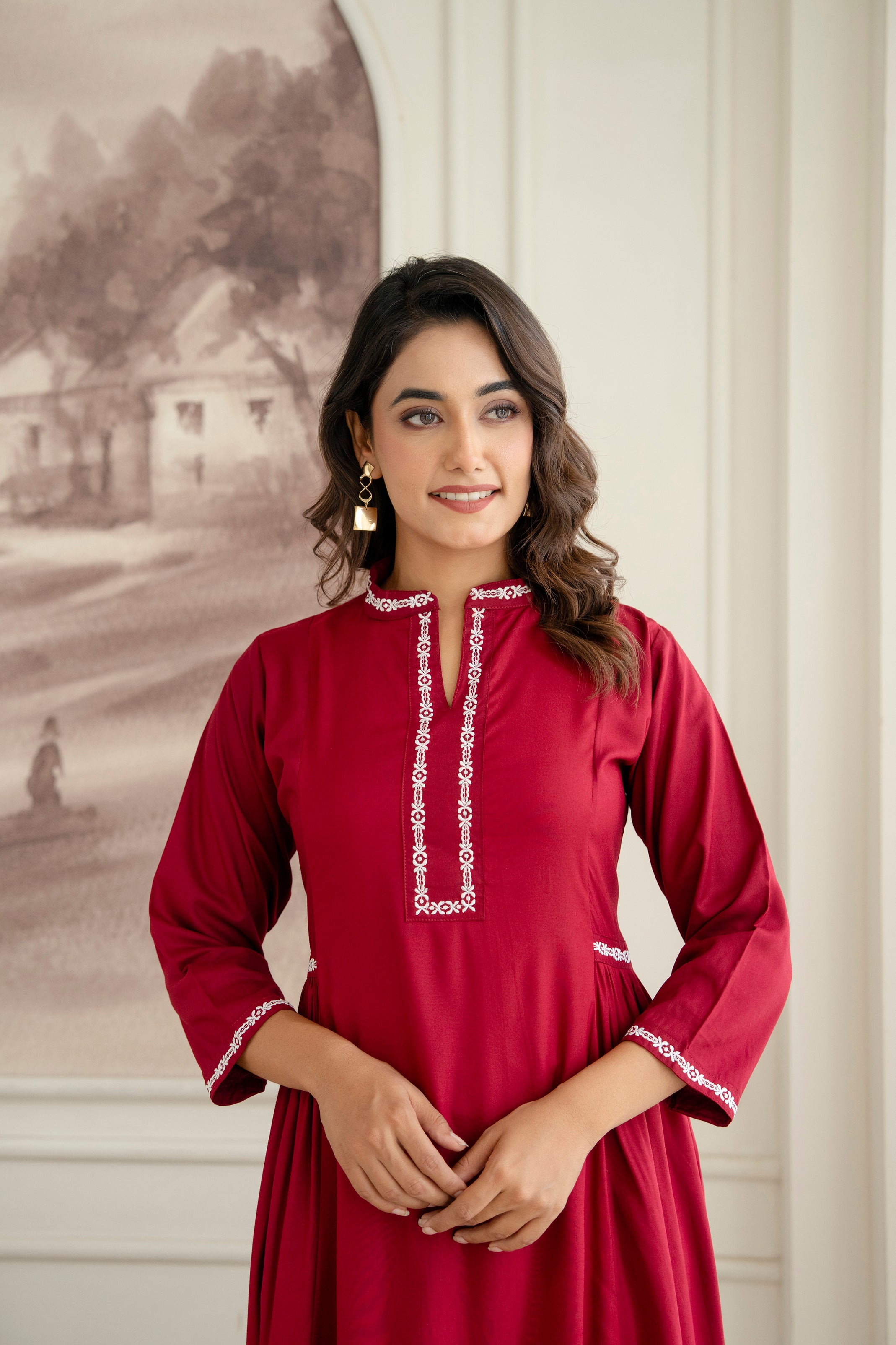 Embroidered Mandarin Collar A-Line Midi Dress