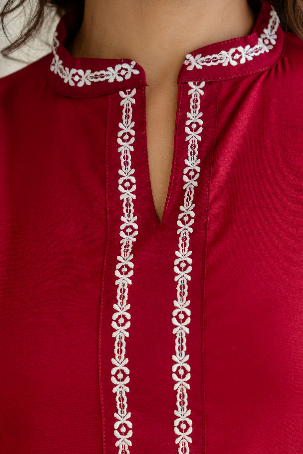 Embroidered Mandarin Collar A-Line Midi Dress