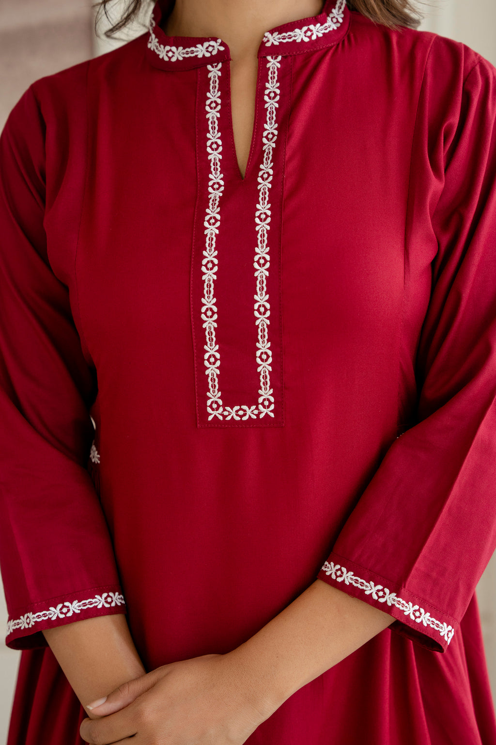 Embroidered Mandarin Collar A-Line Midi Dress