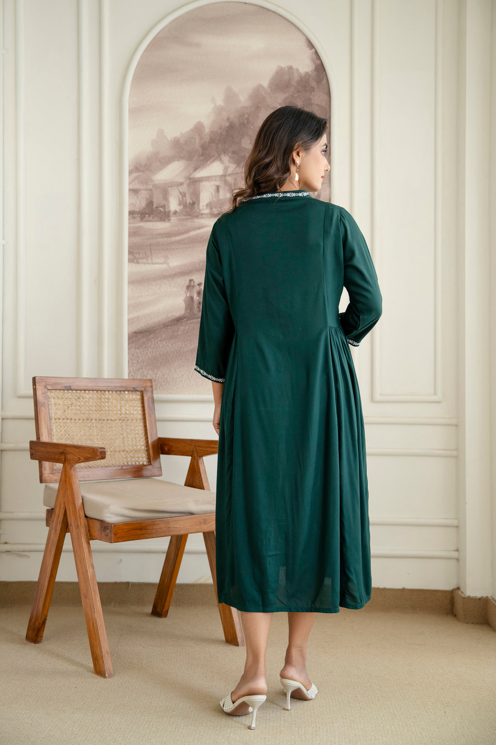 Embroidered Mandarin Collar A-Line Midi Dress