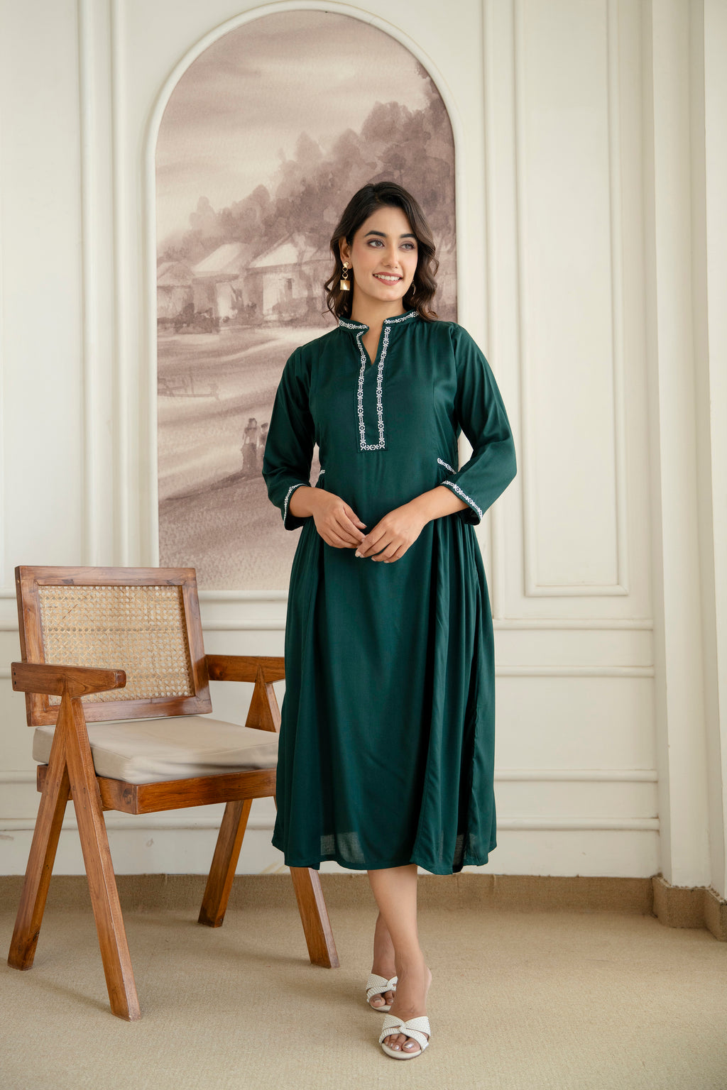 Embroidered Mandarin Collar A-Line Midi Dress
