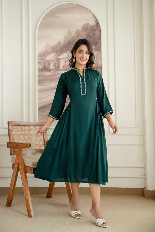 Embroidered Mandarin Collar A-Line Midi Dress — Design 1