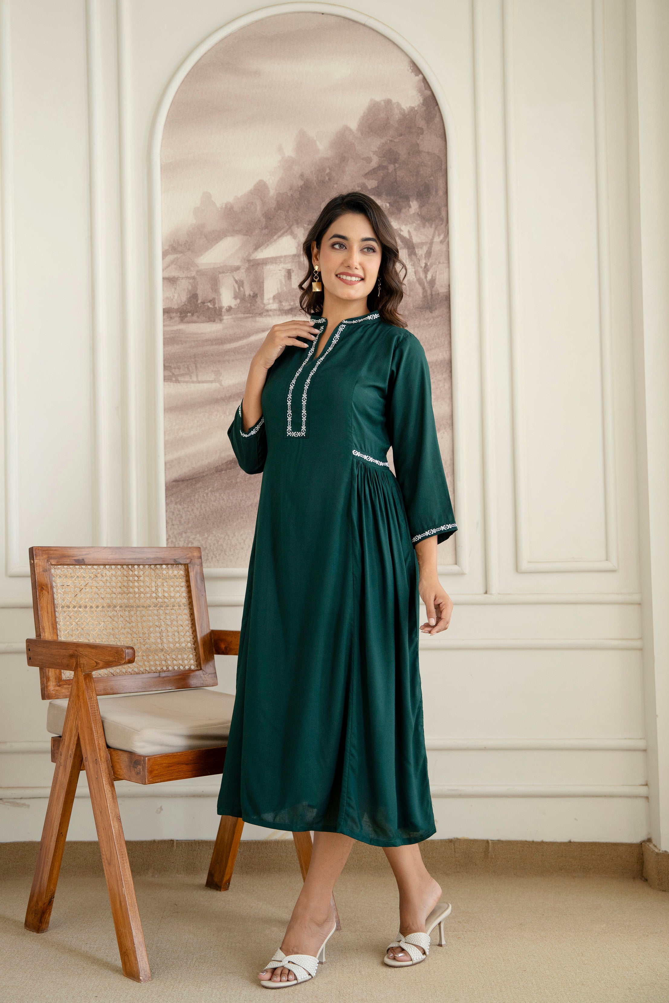 Embroidered Mandarin Collar A-Line Midi Dress