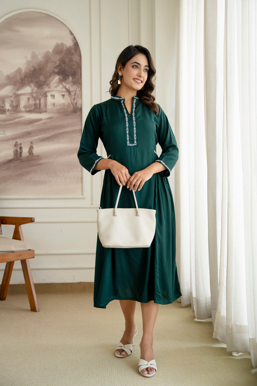 Embroidered Mandarin Collar A-Line Midi Dress