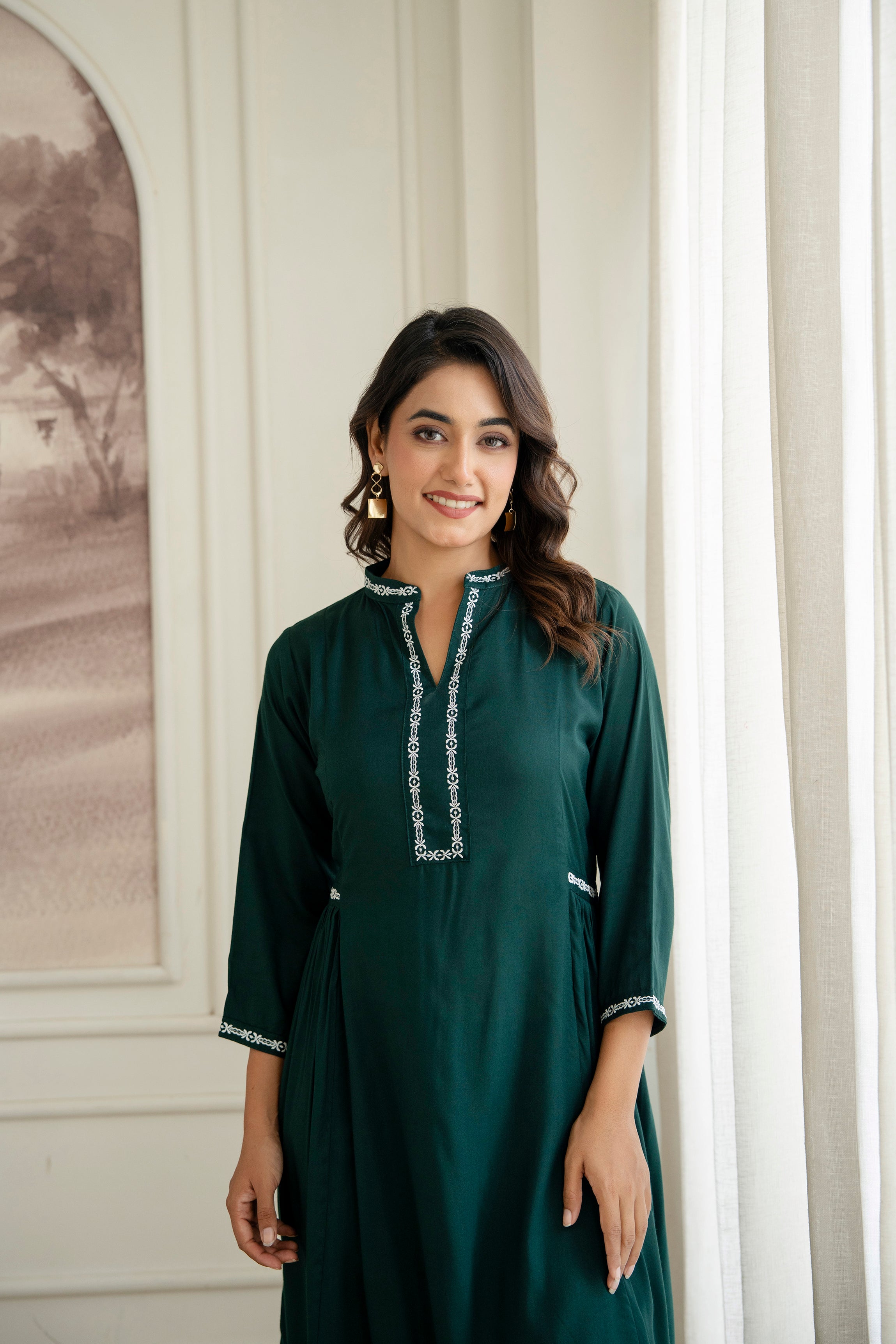 Embroidered Mandarin Collar A-Line Midi Dress