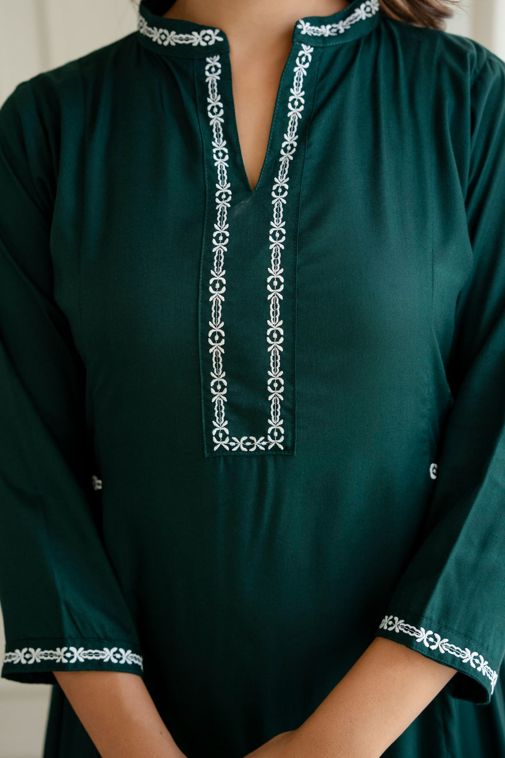 Embroidered Mandarin Collar A-Line Midi Dress