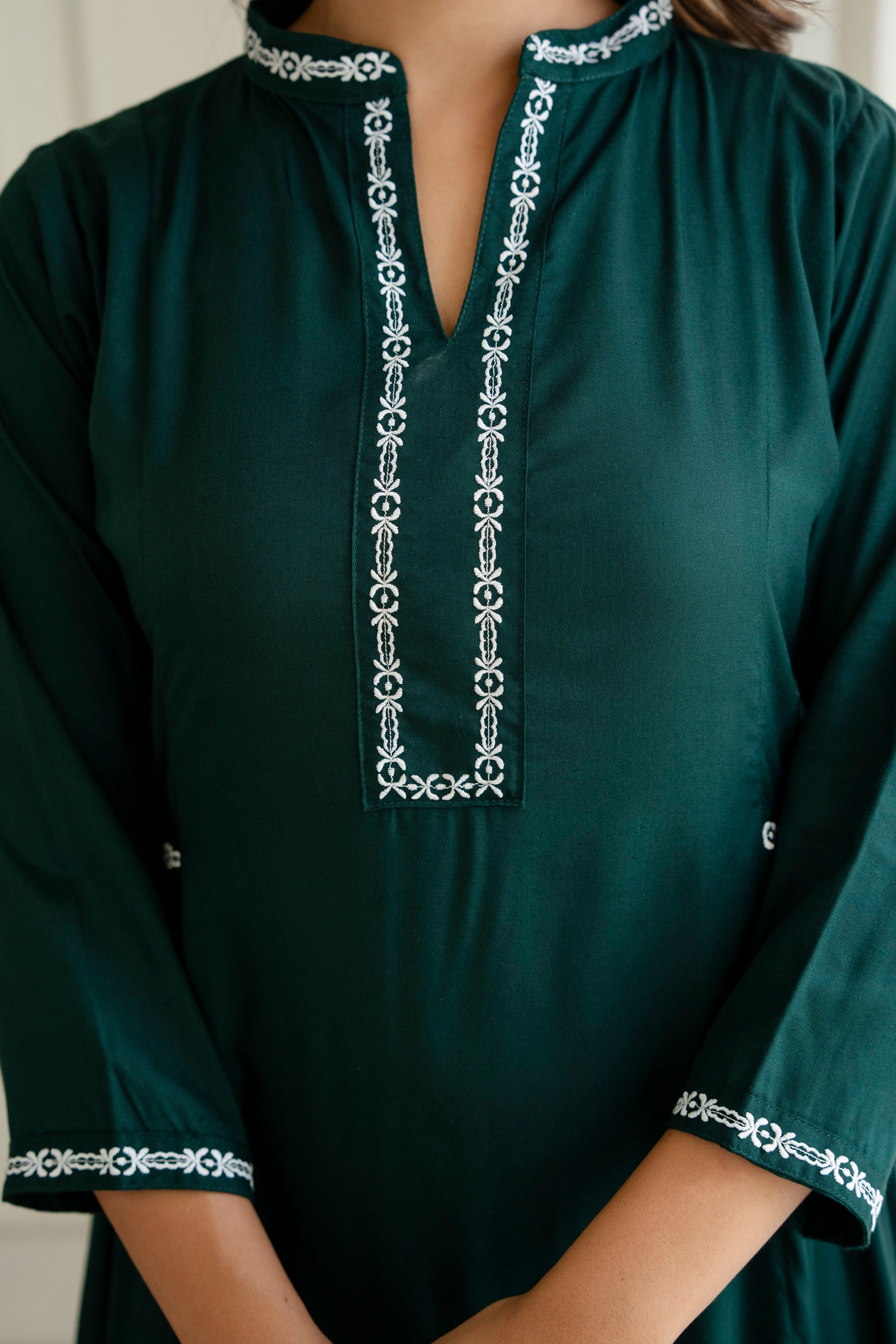 Embroidered Mandarin Collar A-Line Midi Dress