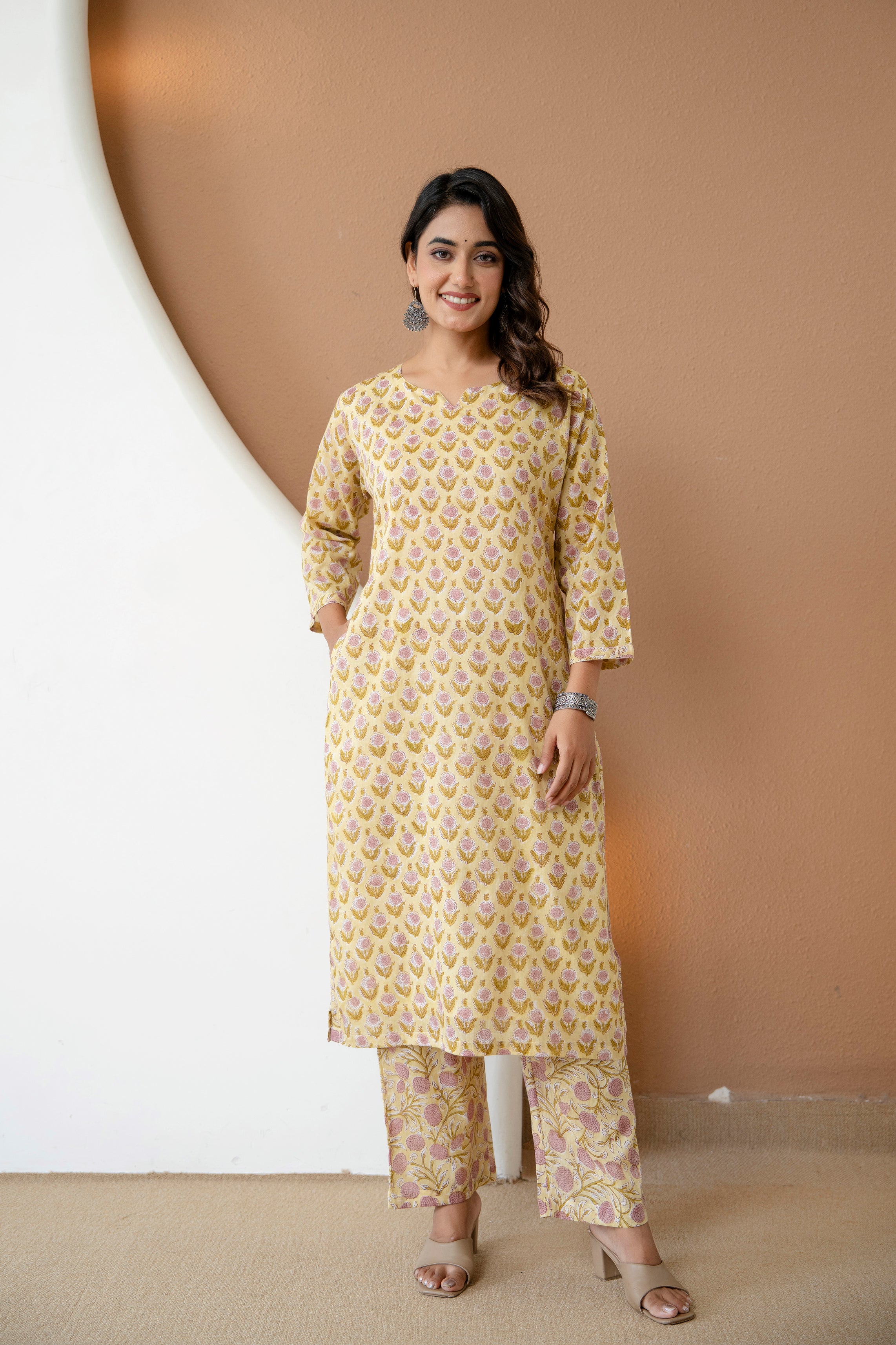 Sunlit Bloom Hand-Block Printed Cotton Kurta Set