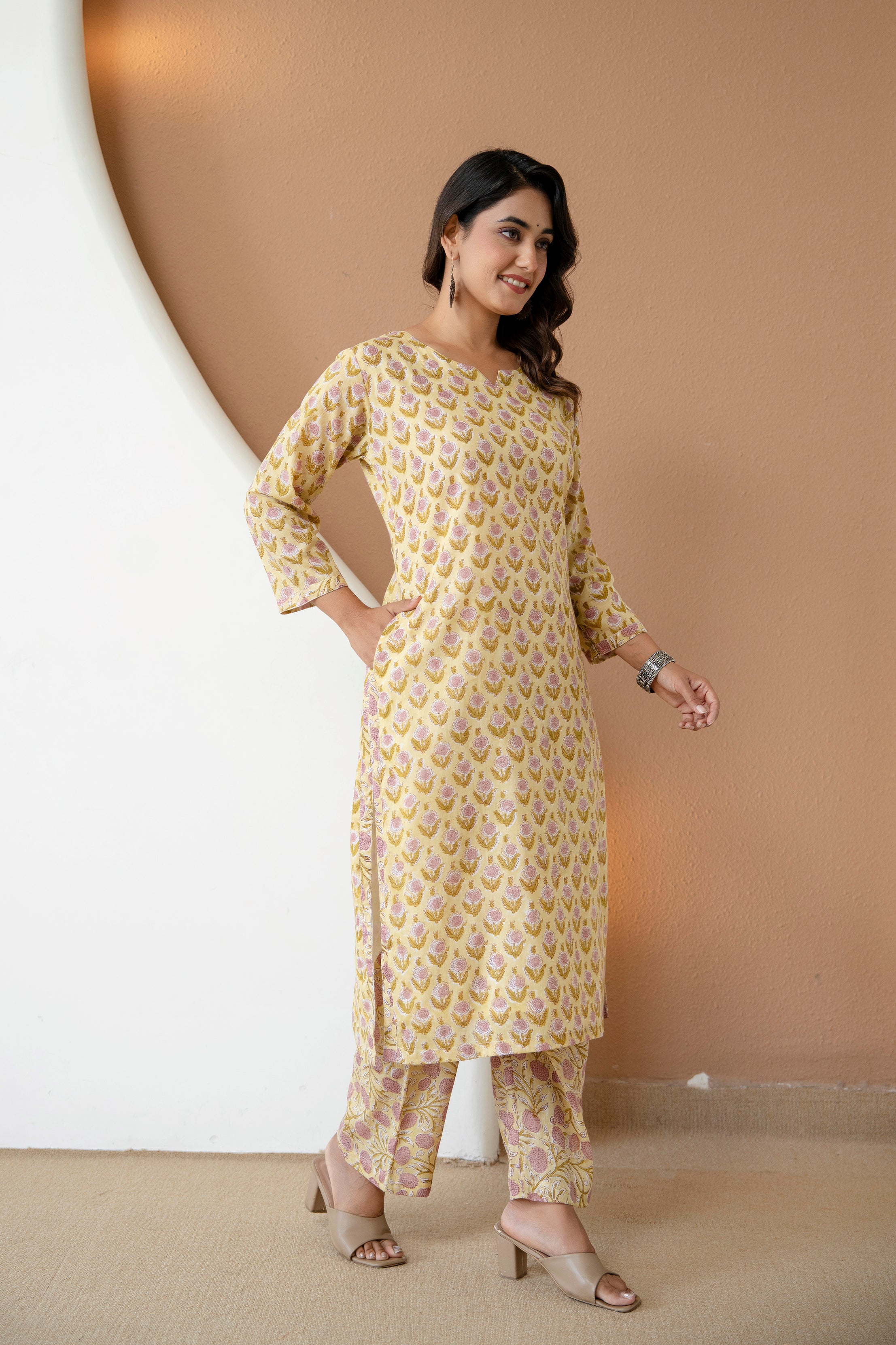 Sunlit Bloom Hand-Block Printed Cotton Kurta Set
