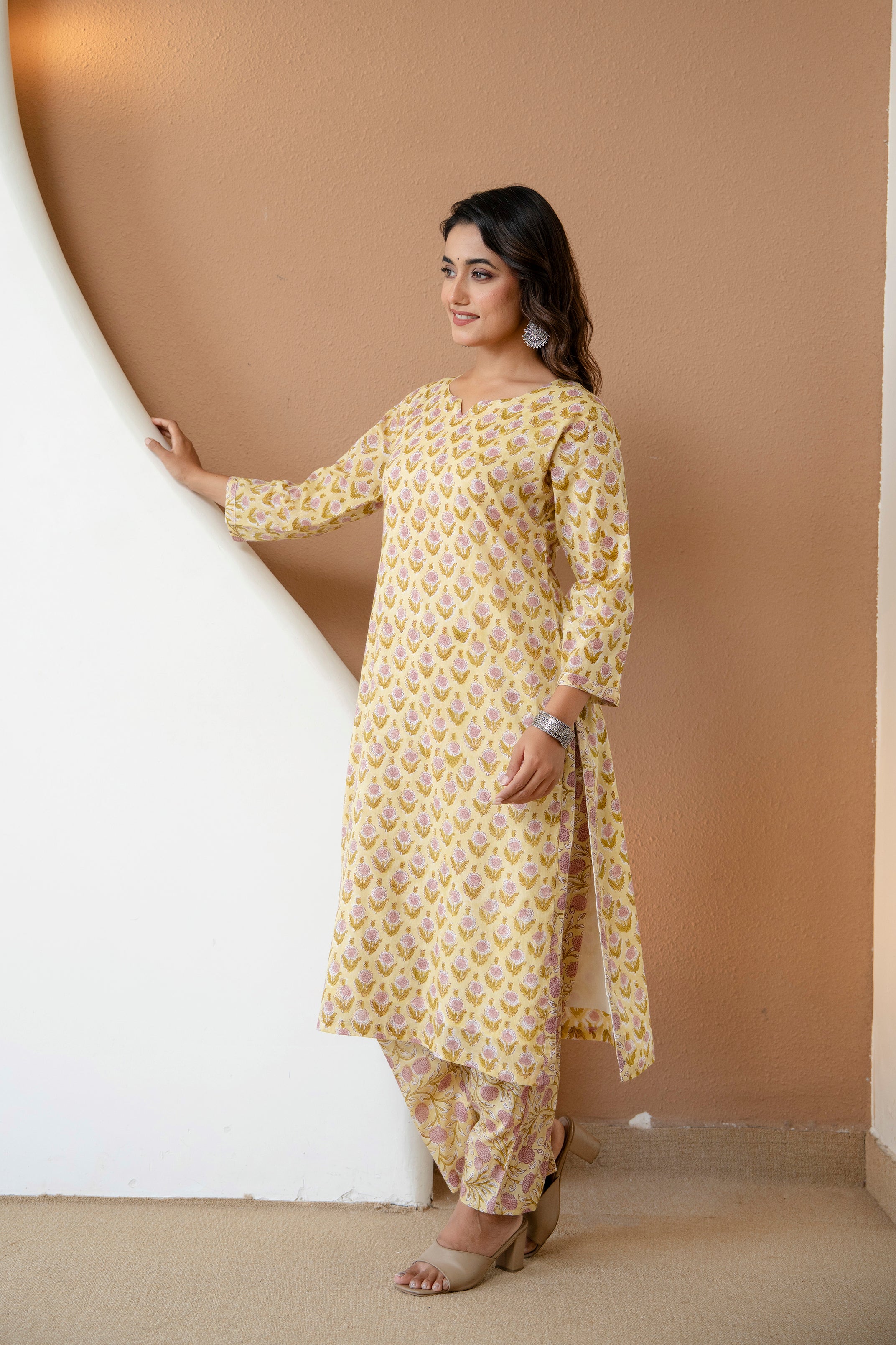 Sunlit Bloom Hand-Block Printed Cotton Kurta Set