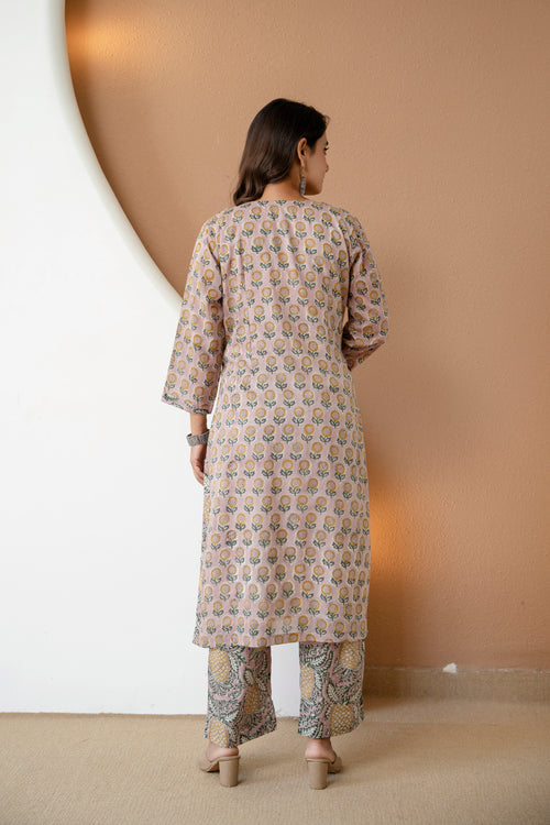 Dusty Pink Sunflower Hand-Block Printed Cotton Kurta & Palazzo Set — Set of 2