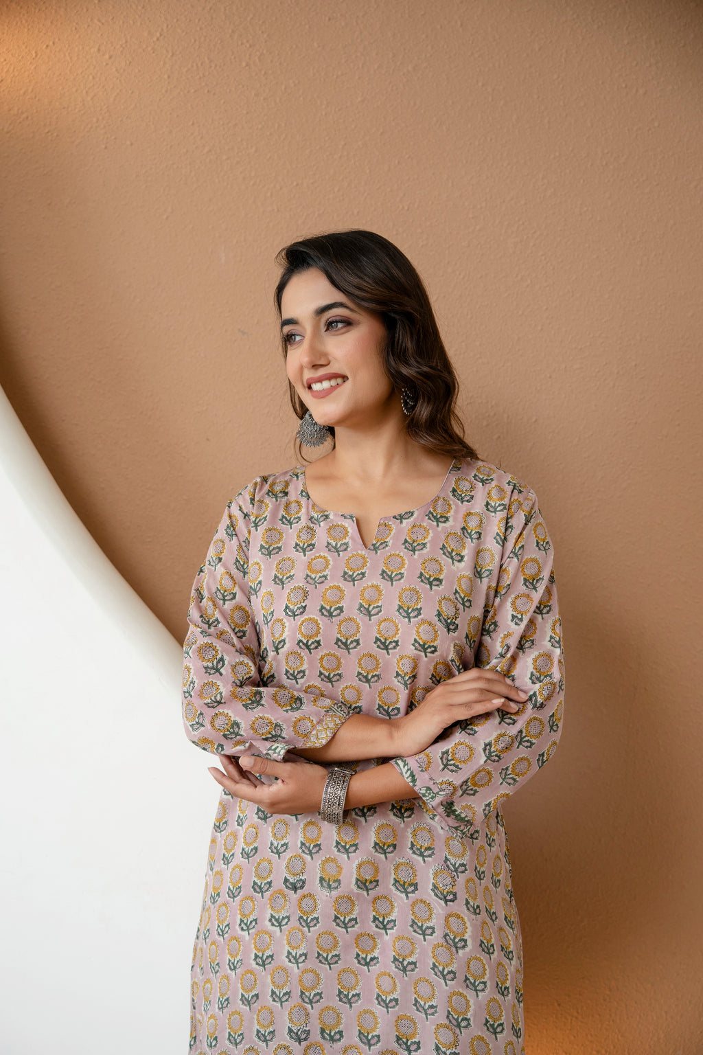 Dusty Pink Sunflower Block Print Straight Cotton Kurta with Pants