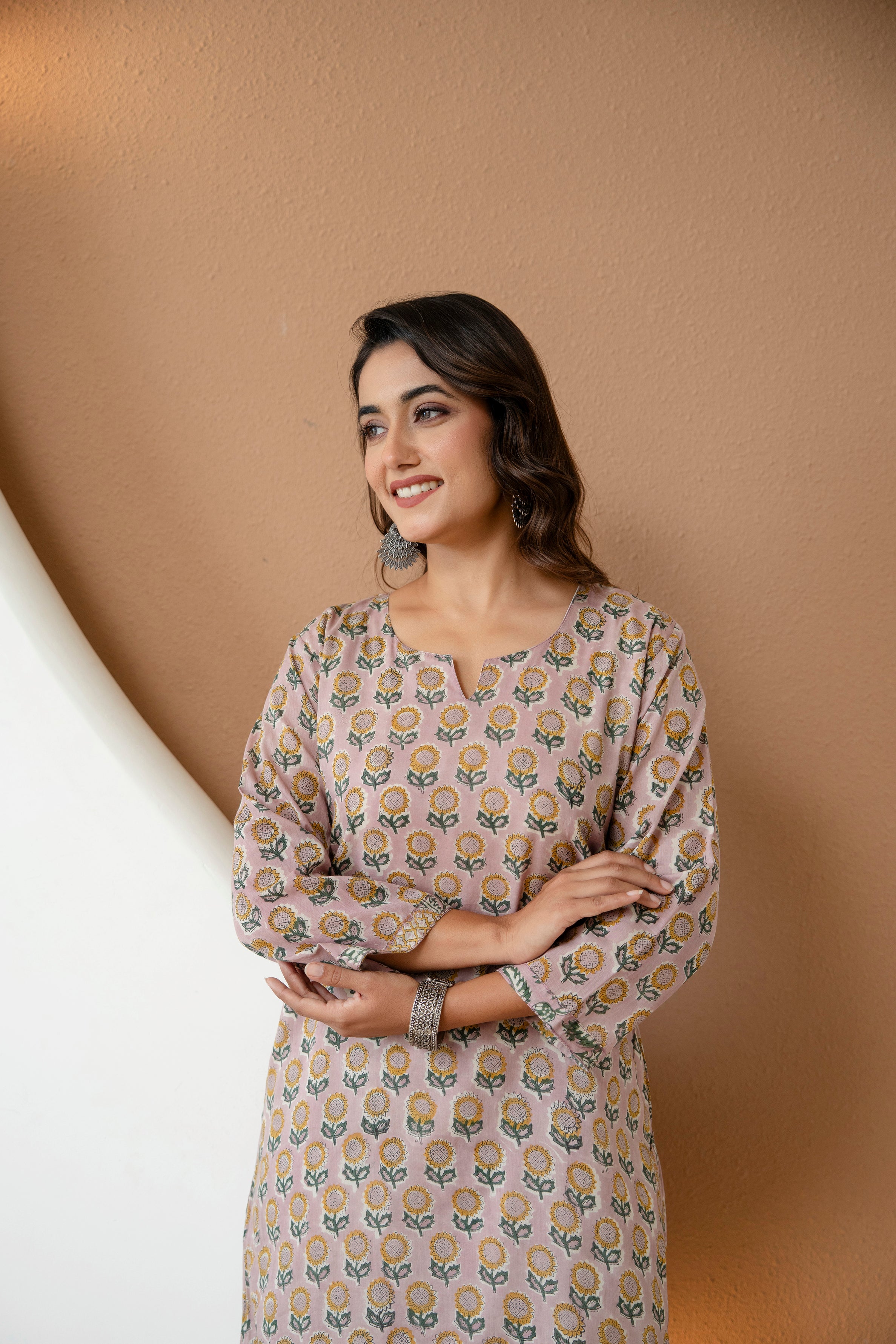 Dusty Pink Sunflower Block Print Straight Cotton Kurta with Pants