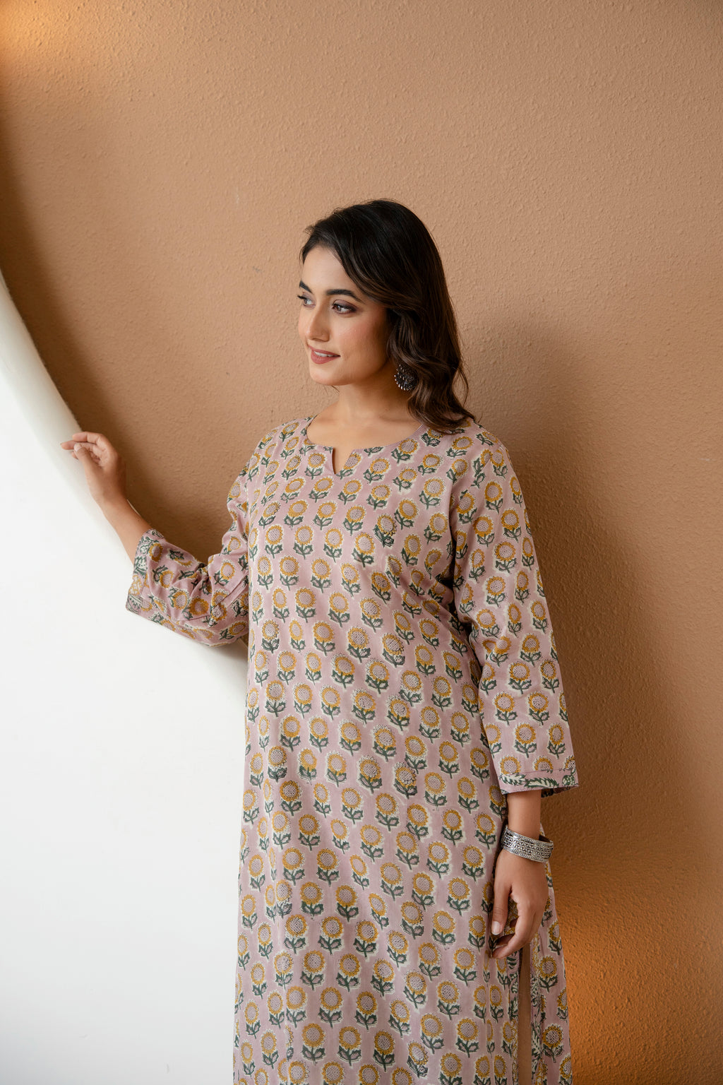 Dusty Pink Sunflower Block Print Straight Cotton Kurta with Pants