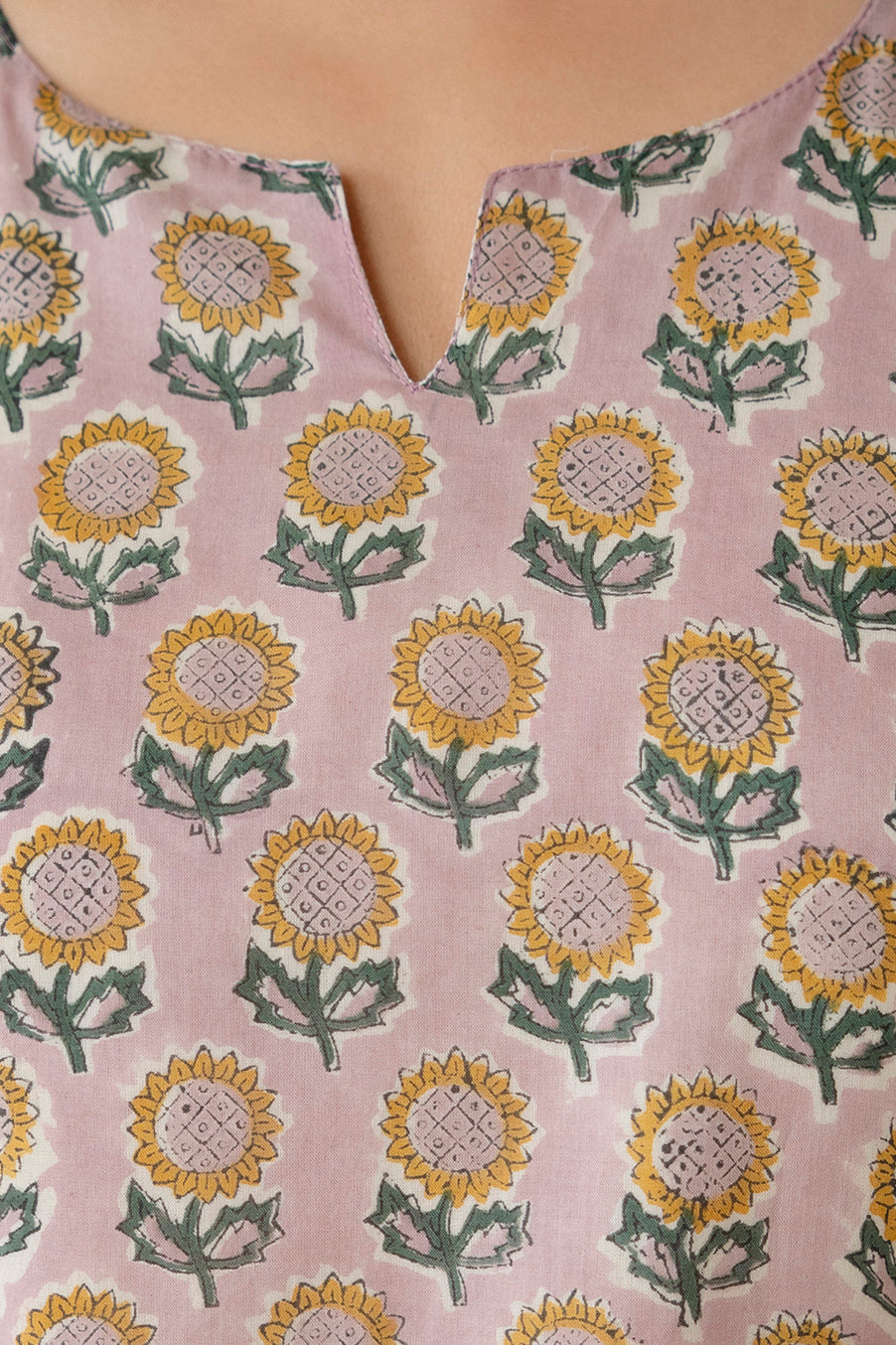 Dusty Pink Sunflower Block Print Straight Cotton Kurta with Pants