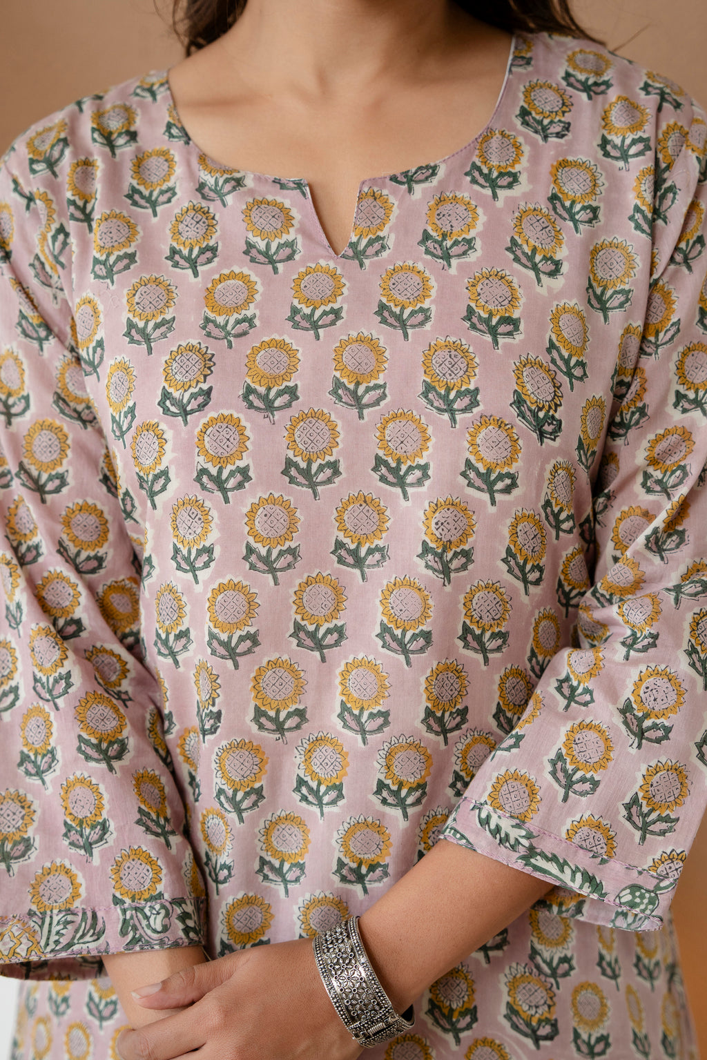 Dusty Pink Sunflower Block Print Straight Cotton Kurta with Pants
