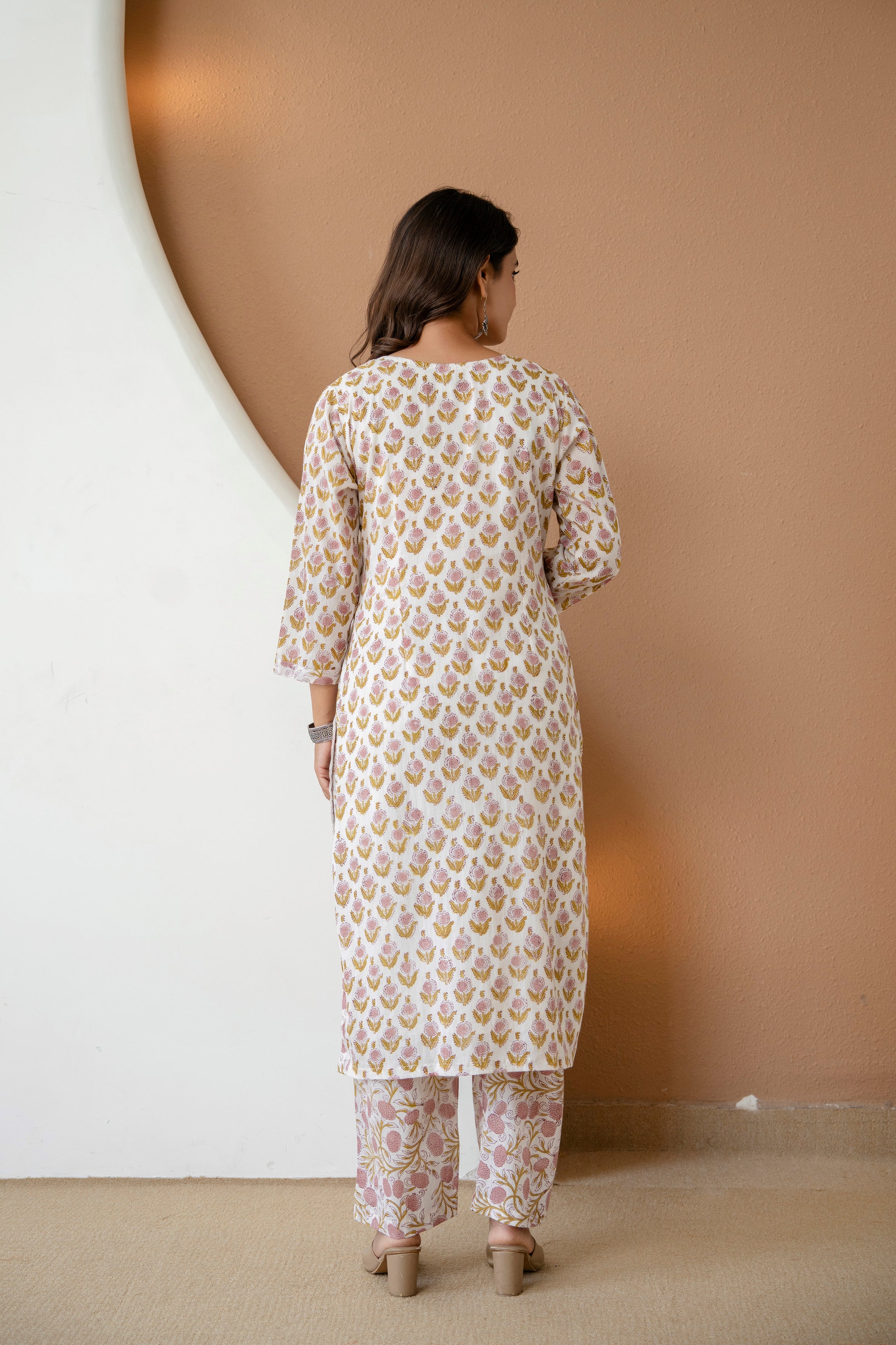 Pure Off-White Floral Block Printed Cotton Kurta & Pants Set