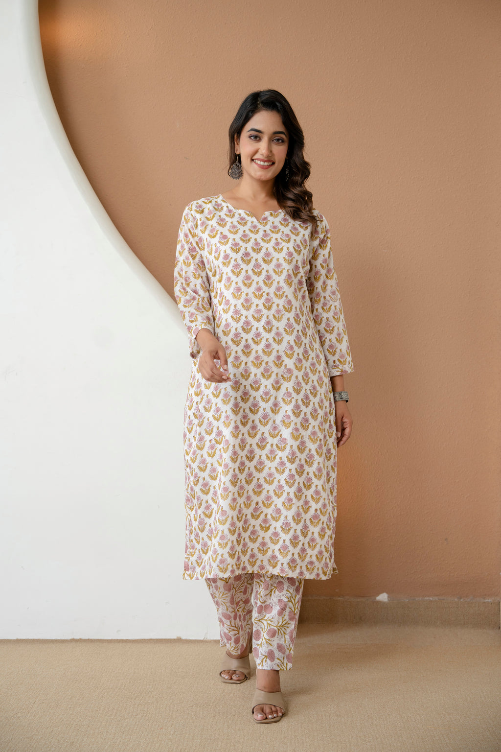 Pure Off-White Floral Block Printed Cotton Kurta & Pants Set
