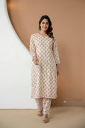 Pure Off-White Floral Block Printed Cotton Kurta & Pants Set