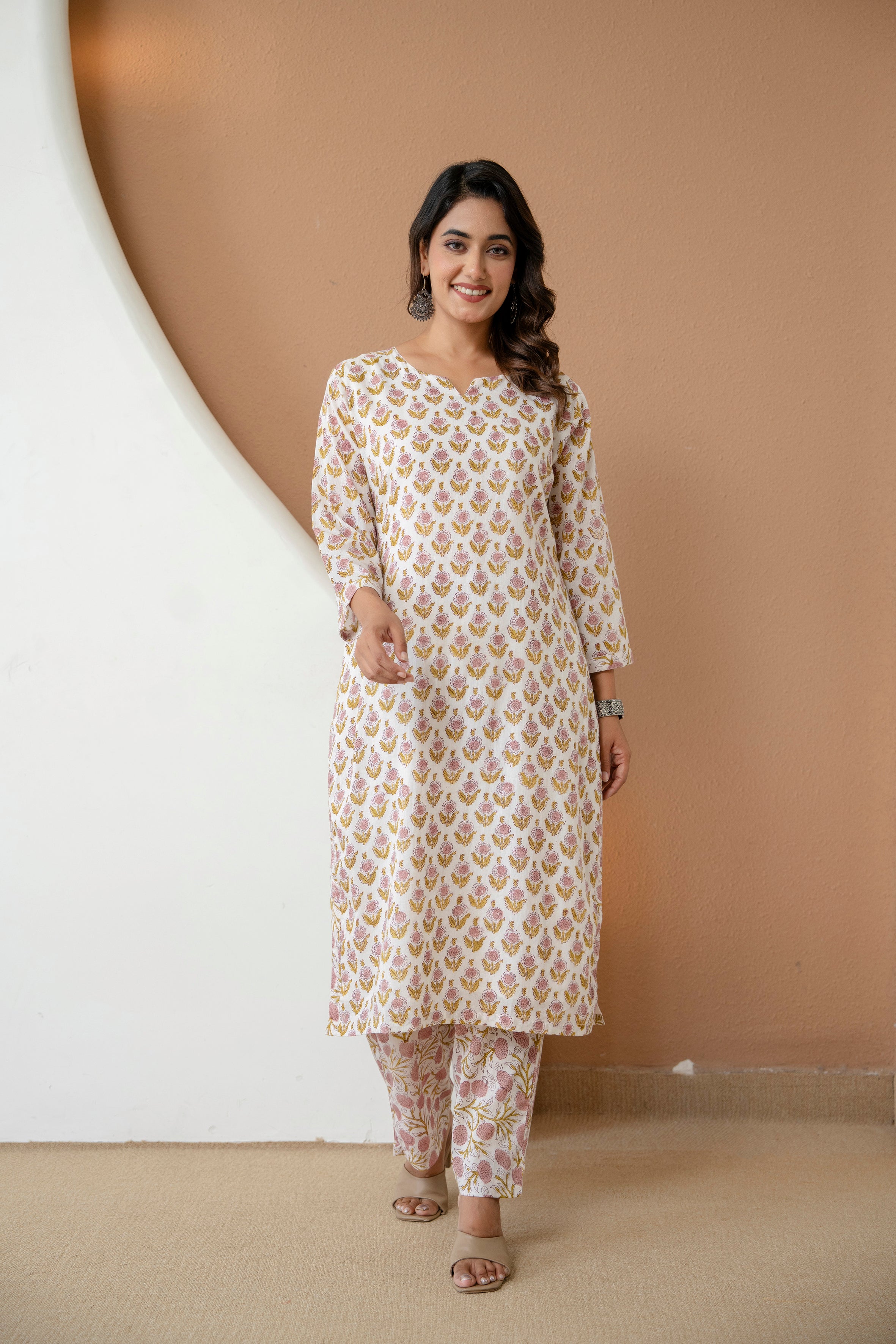 Pure Off-White Floral Block Printed Cotton Kurta & Pants Set