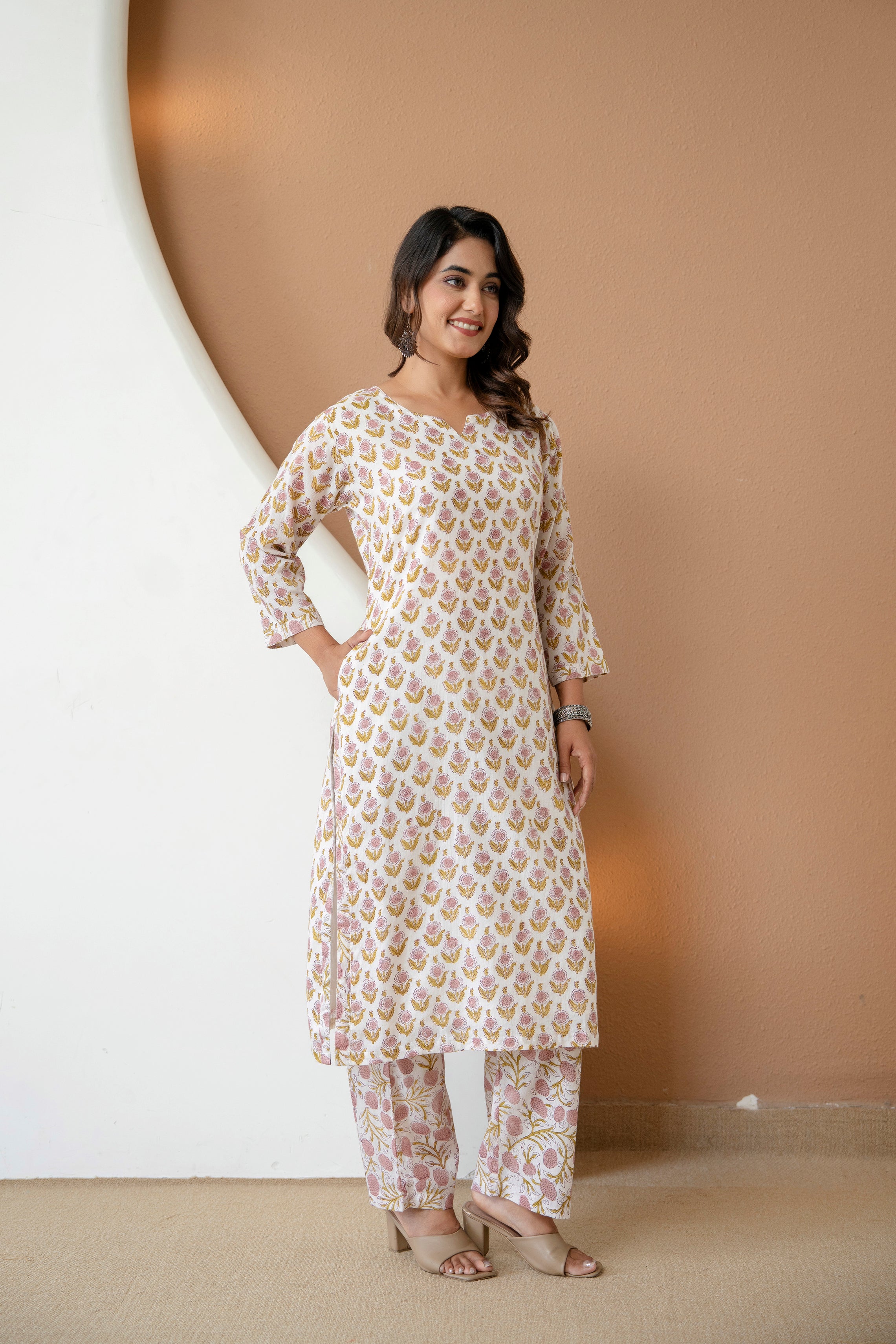 Pure Off-White Floral Block Printed Cotton Kurta & Pants Set