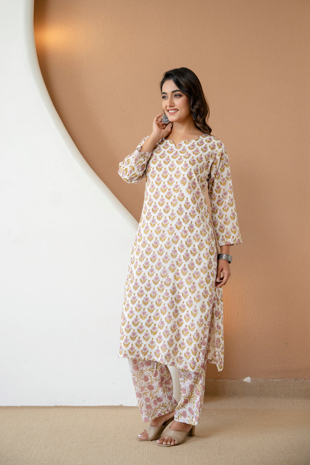 Pure Off-White Floral Block Printed Cotton Kurta & Pants Set