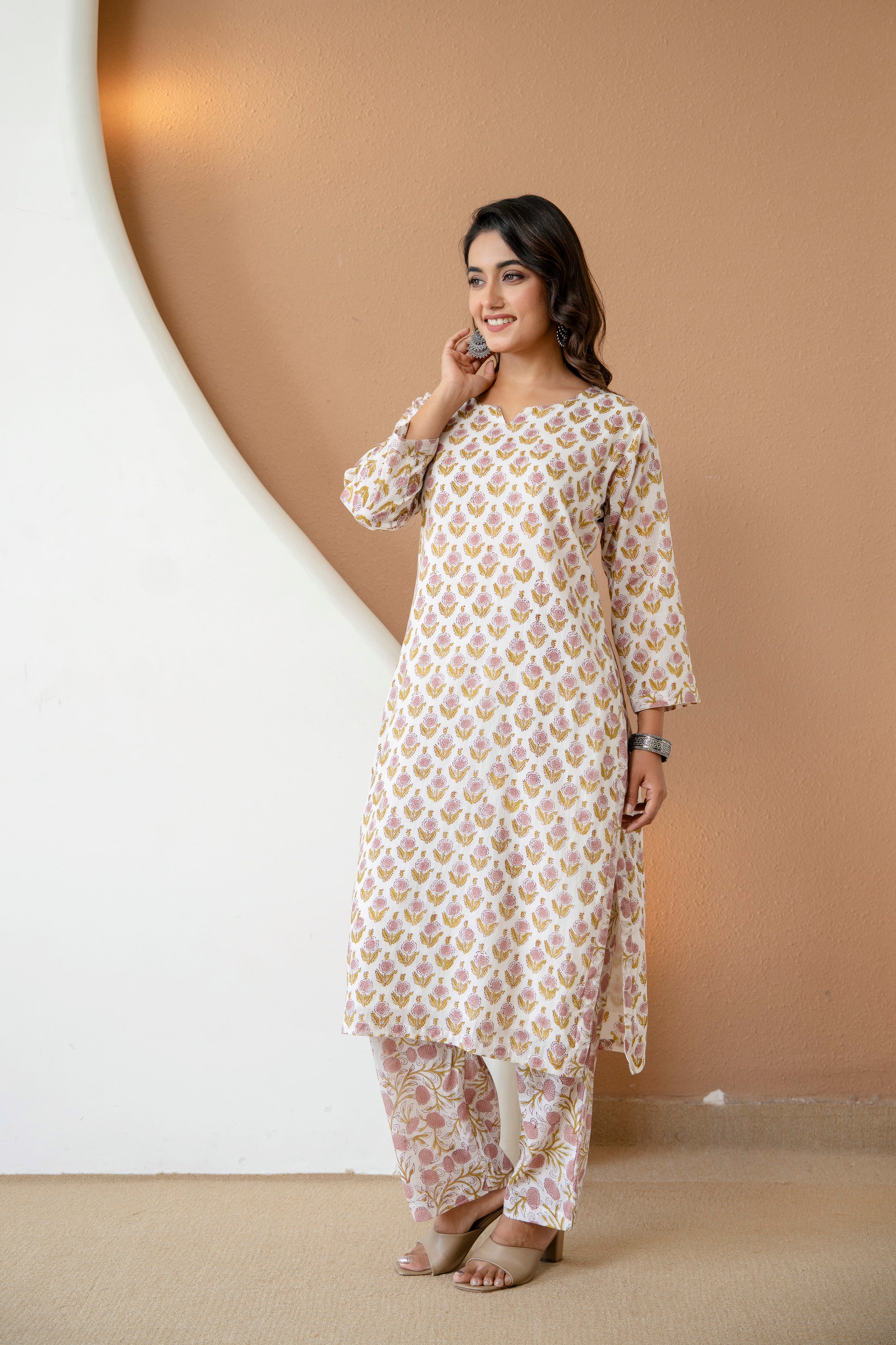 Pure Off-White Floral Block Printed Cotton Kurta & Pants Set