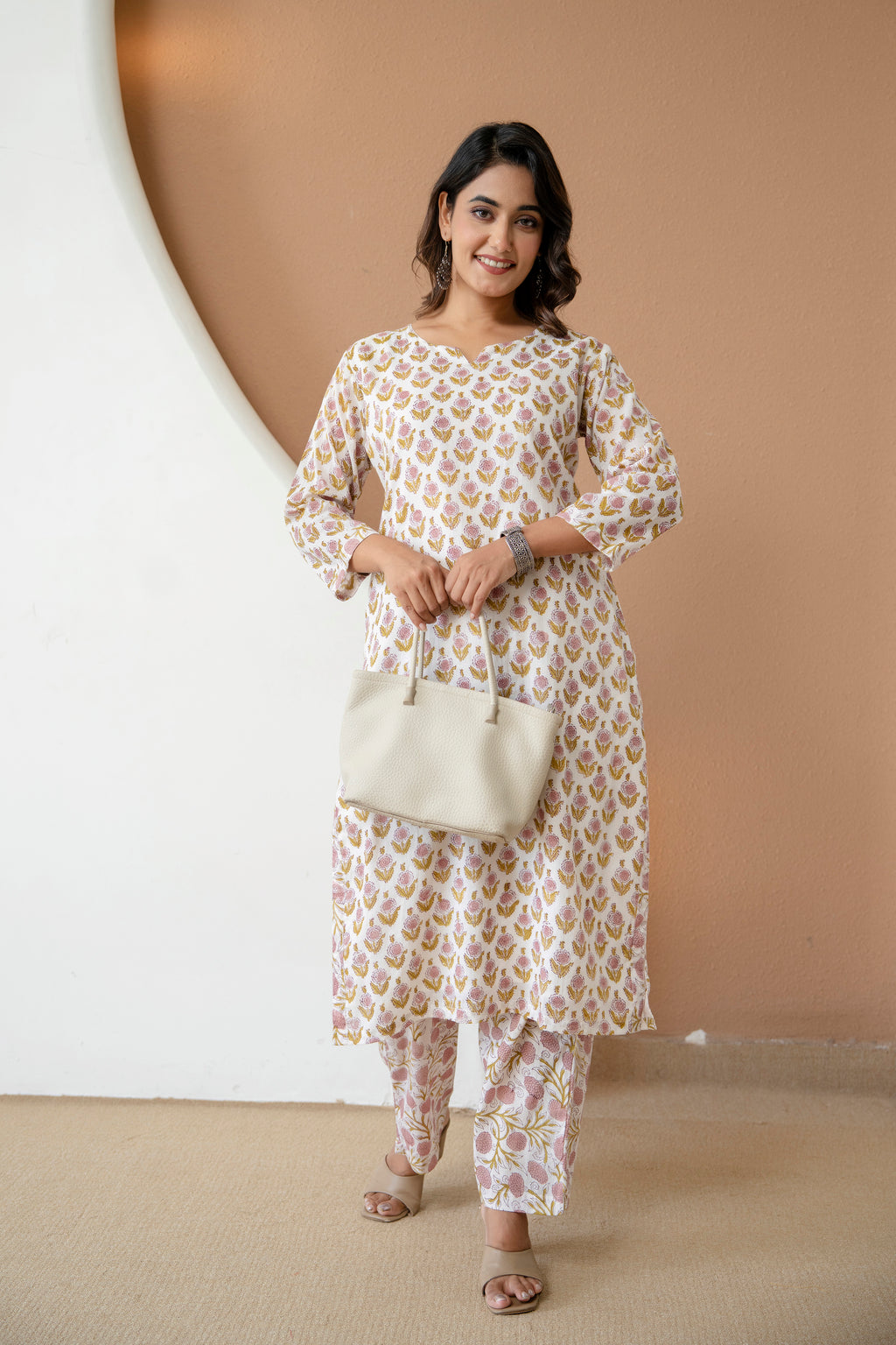 Pure Off-White Floral Block Printed Cotton Kurta & Pants Set