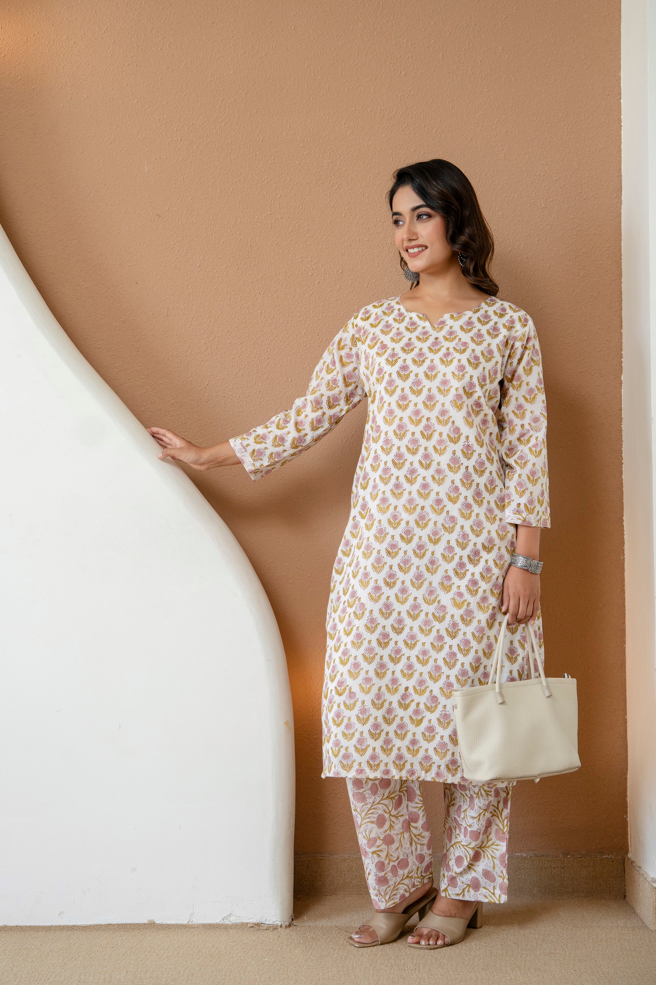 Pure Off-White Floral Block Printed Cotton Kurta & Pants Set