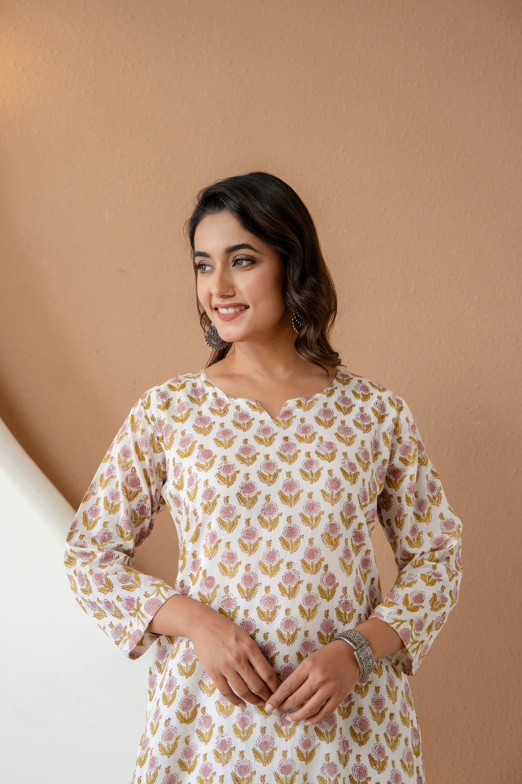Pure Off-White Floral Block Printed Cotton Kurta & Pants Set