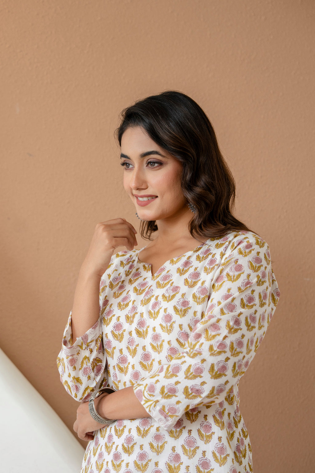 Pure Off-White Floral Block Printed Cotton Kurta & Pants Set